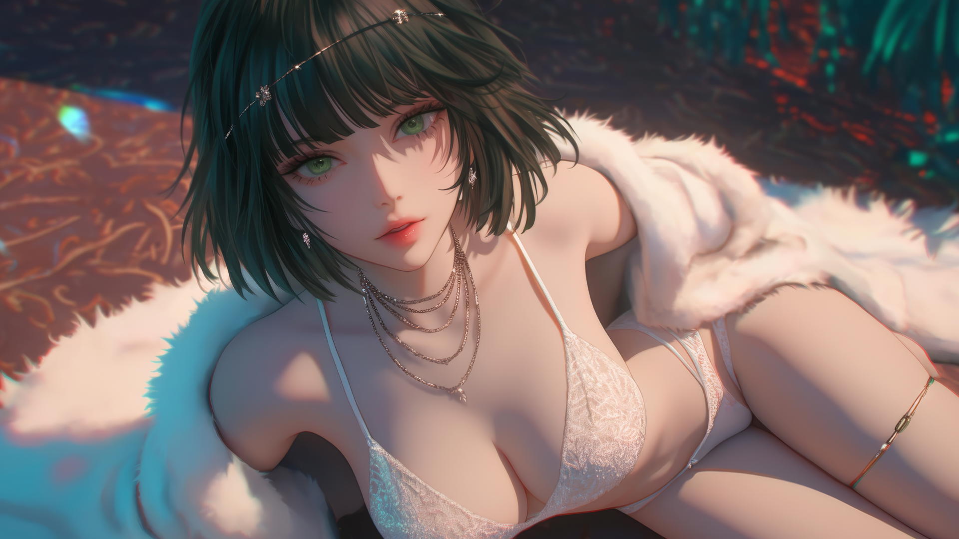 Fubuki from One Punch Man kneeling, looking up, illuminated by neon light in a hotel room.