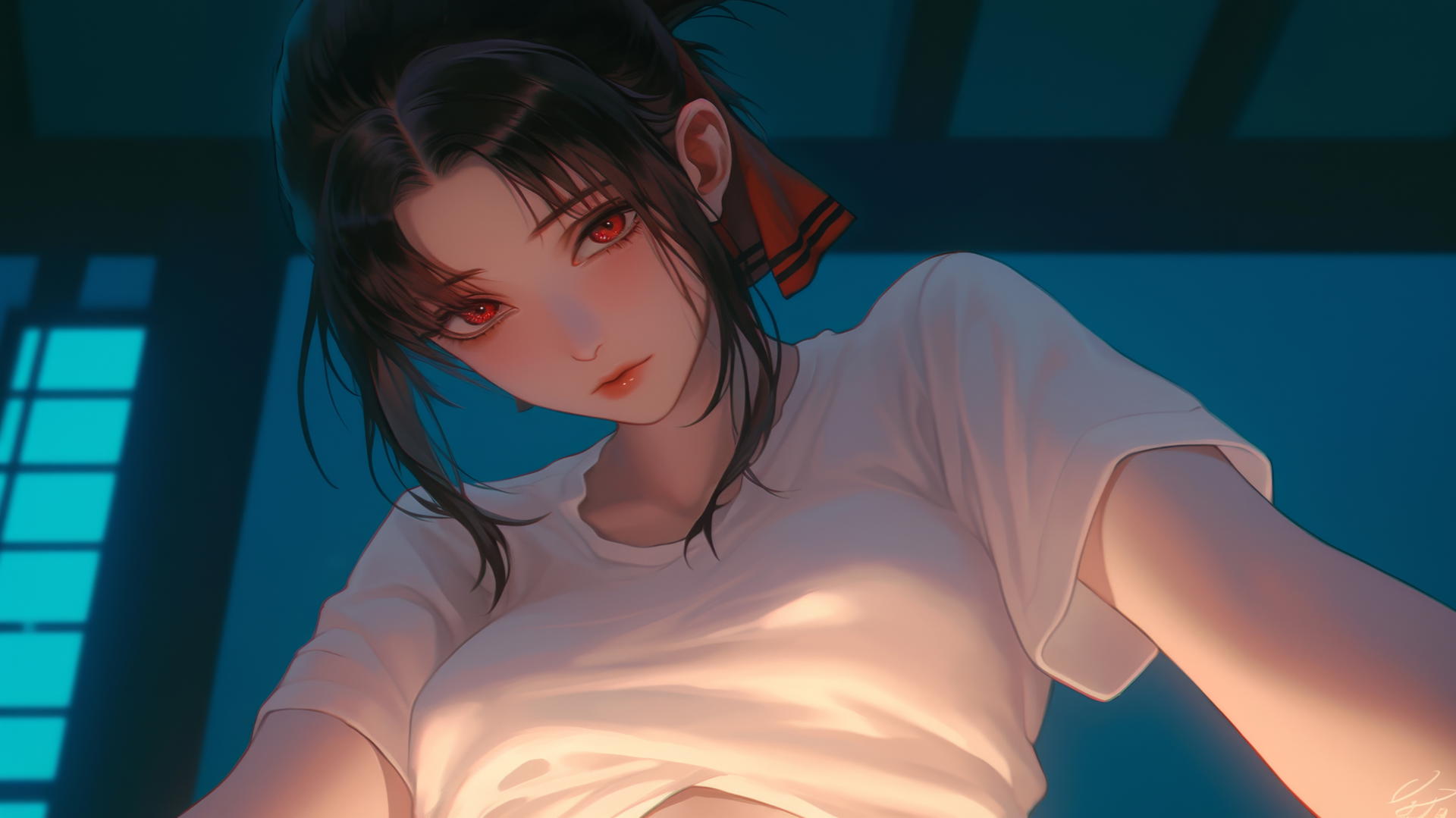 Kaguya Shinomiya kneeling, looking down, with red eyes, warm and neon light