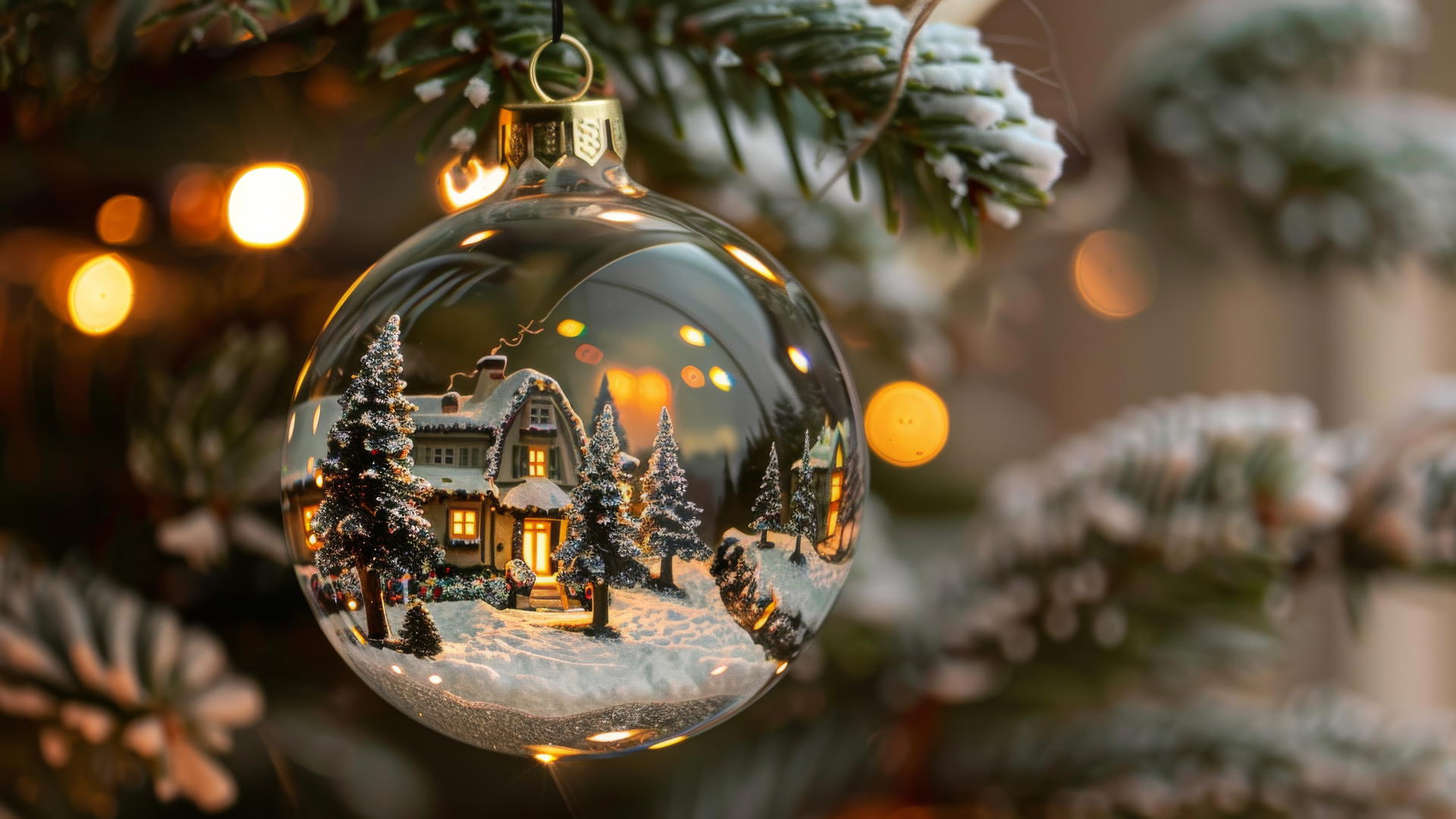 Glass Christmas balls on a tree with snow-covered villages inside