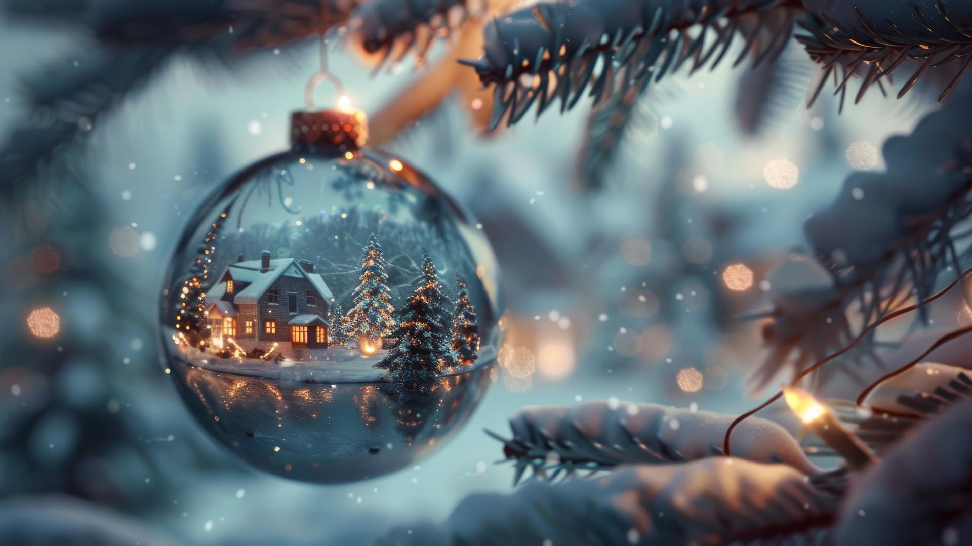 Glass Christmas balls on tree with lit snow-covered villages inside.