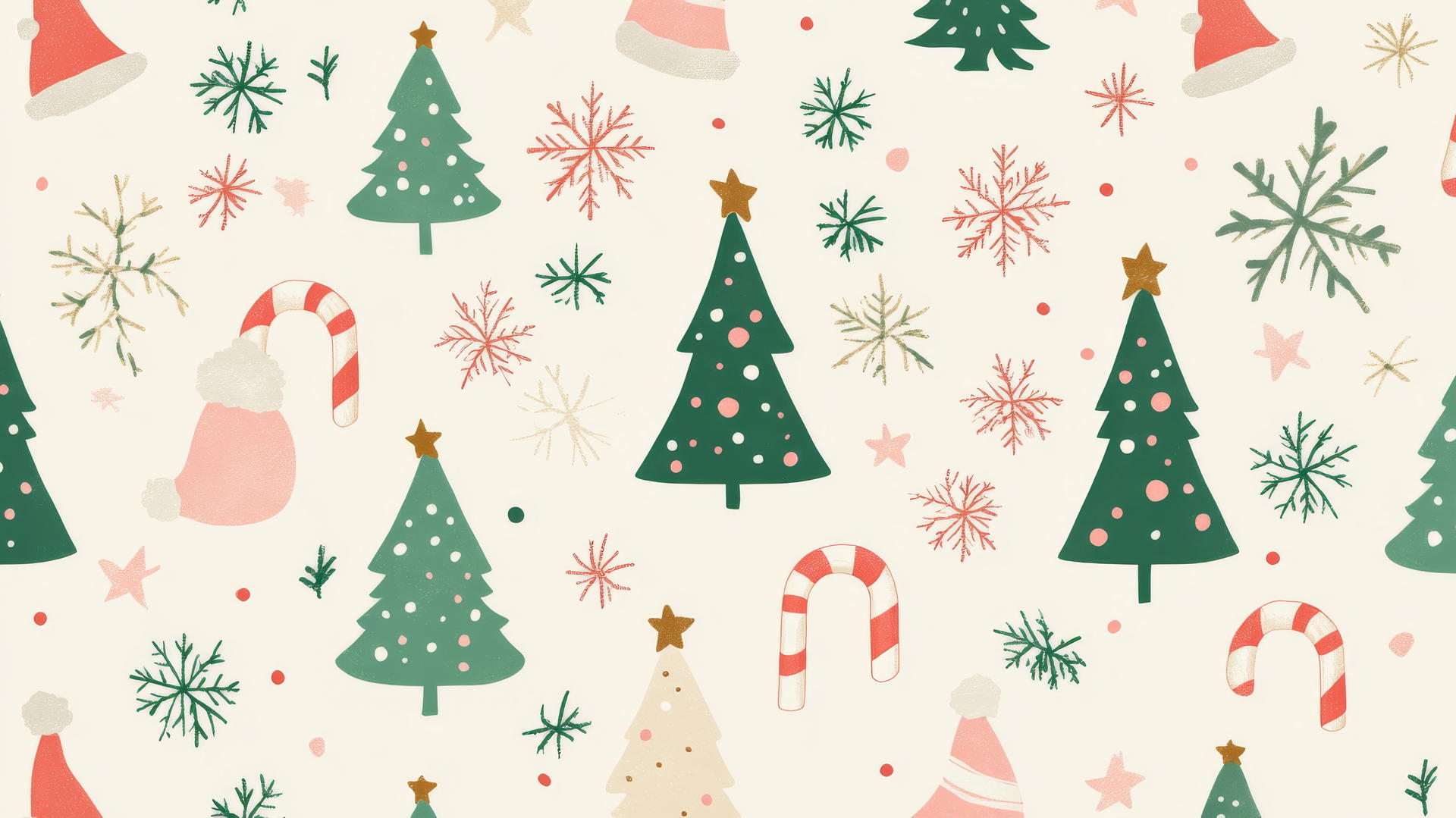 preppy Christmas wallpaper with pastel pink and green trees, candy canes, and snowflakes on a cream background
