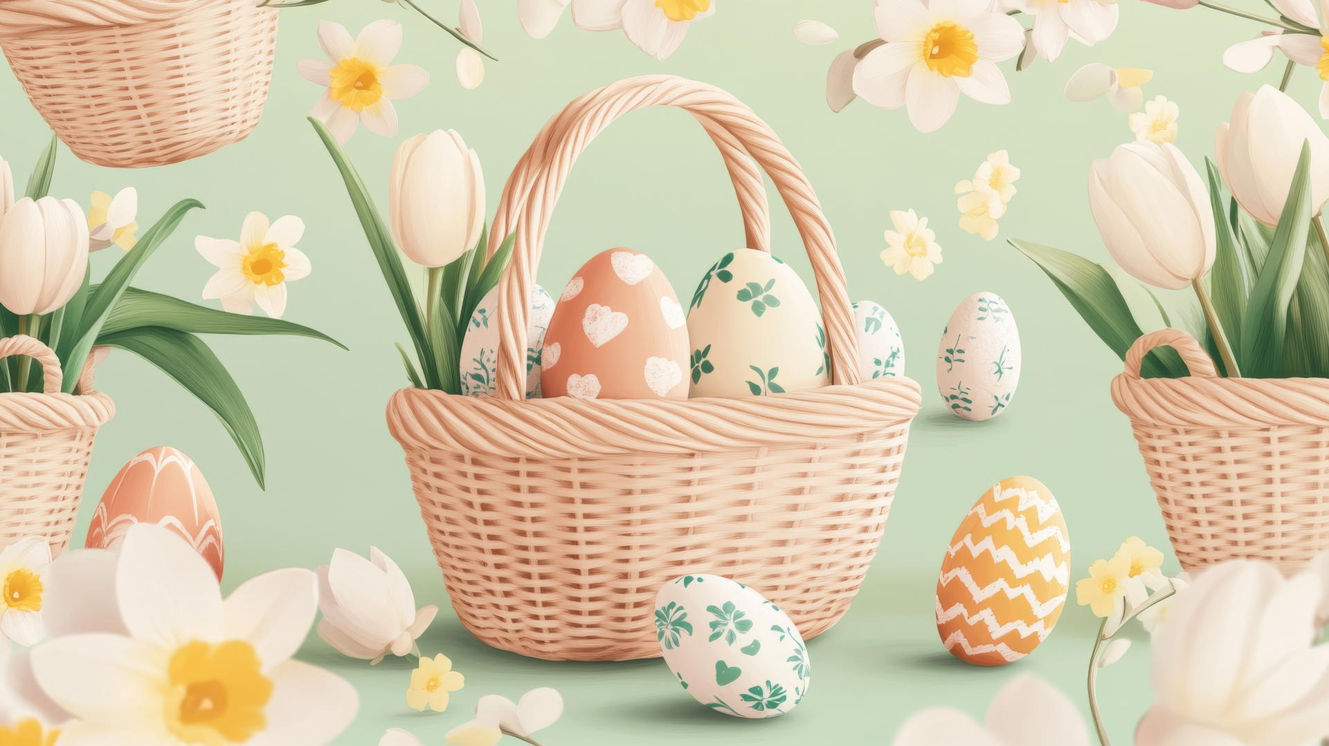 Preppy Easter wallpaper with stylish baskets, colorful eggs, tulips, and daffodils in pastel colors.