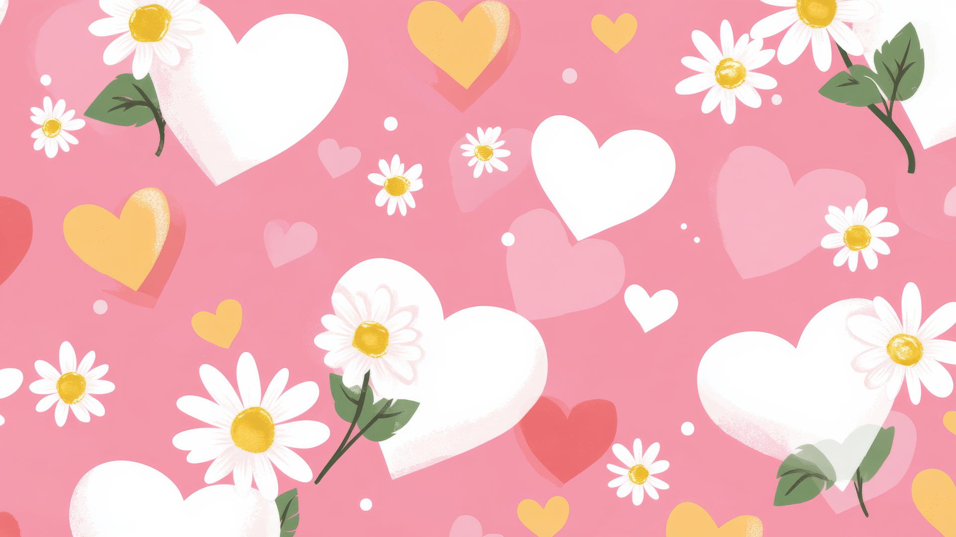 Preppy valentines wallpaper with pink and white hearts, white daisies, green leaves, and yellow accents on a pastel pink background.