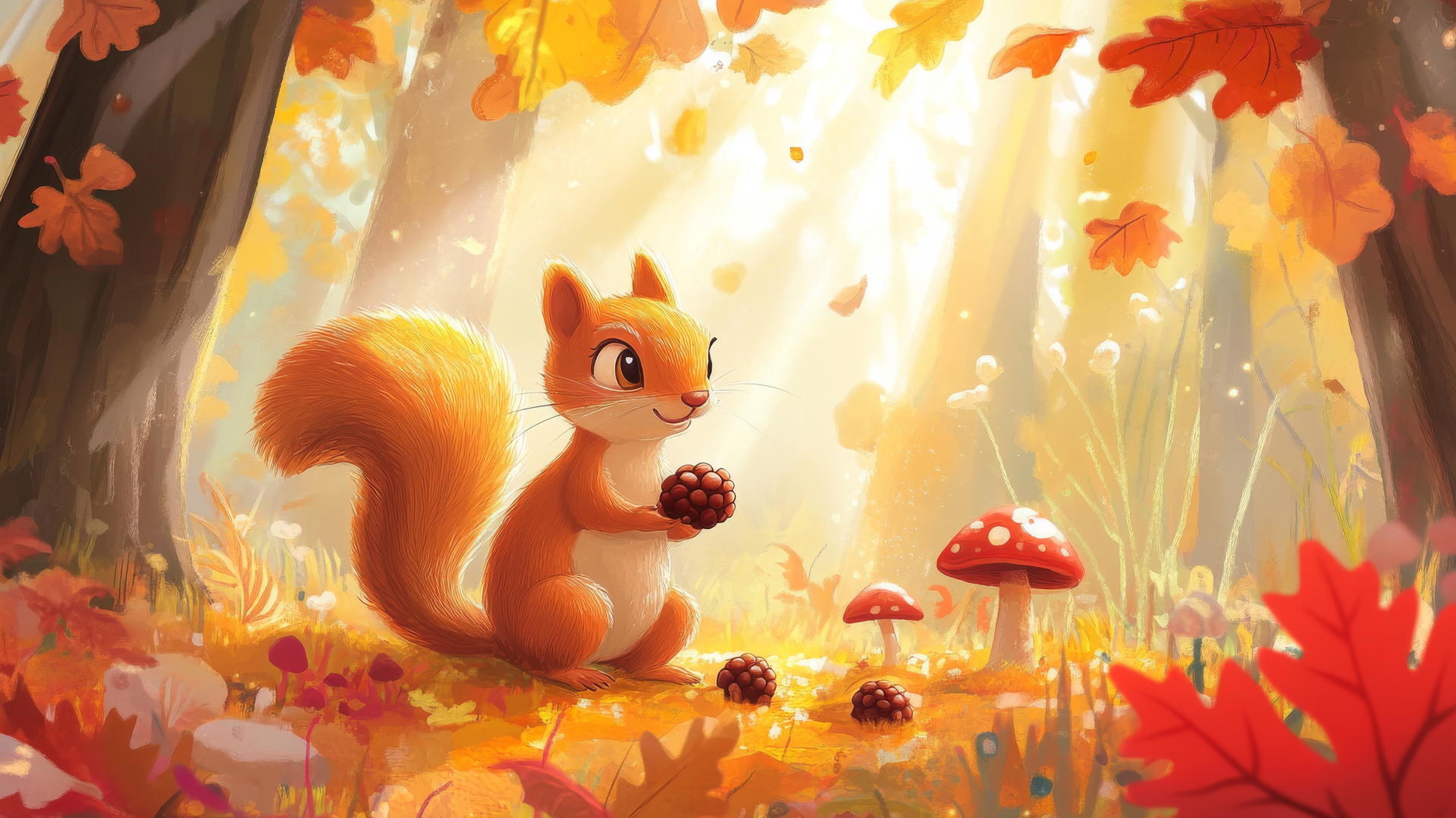 A cute cartoon squirrel gathering acorns in a pastel-colored forest with mushrooms and fall leaves, cute fall aesthetic wallpapers.