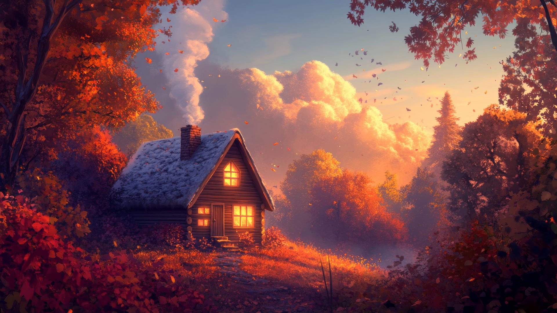 Cute fall aesthetic wallpapers of woodland cabin with fall leaves and twilight sky