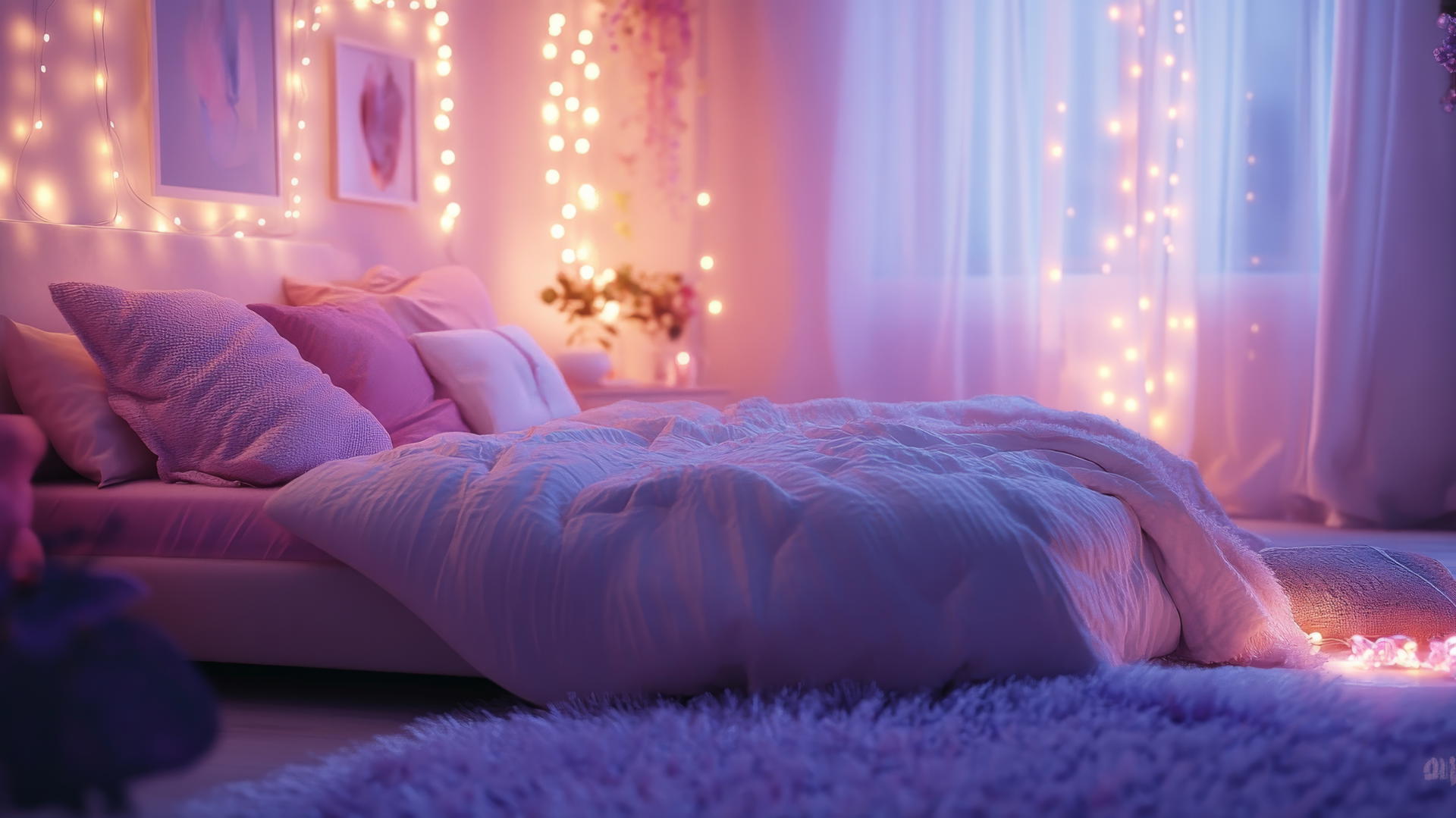 cute wallpapers aesthetic, cozy pastel-colored bedroom with fairy lights
