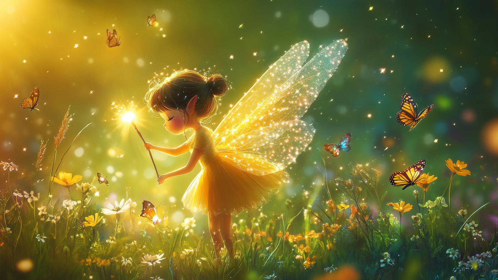 cute wallpapers for girls with a cartoon fairy, glittering wings, flowers, butterflies, and stars