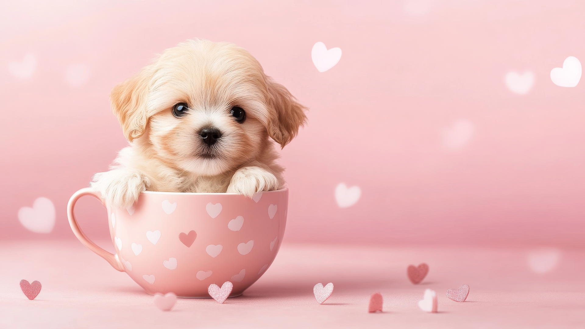 pink cute puppy wallpaper with a puppy in a teacup, tiny hearts around