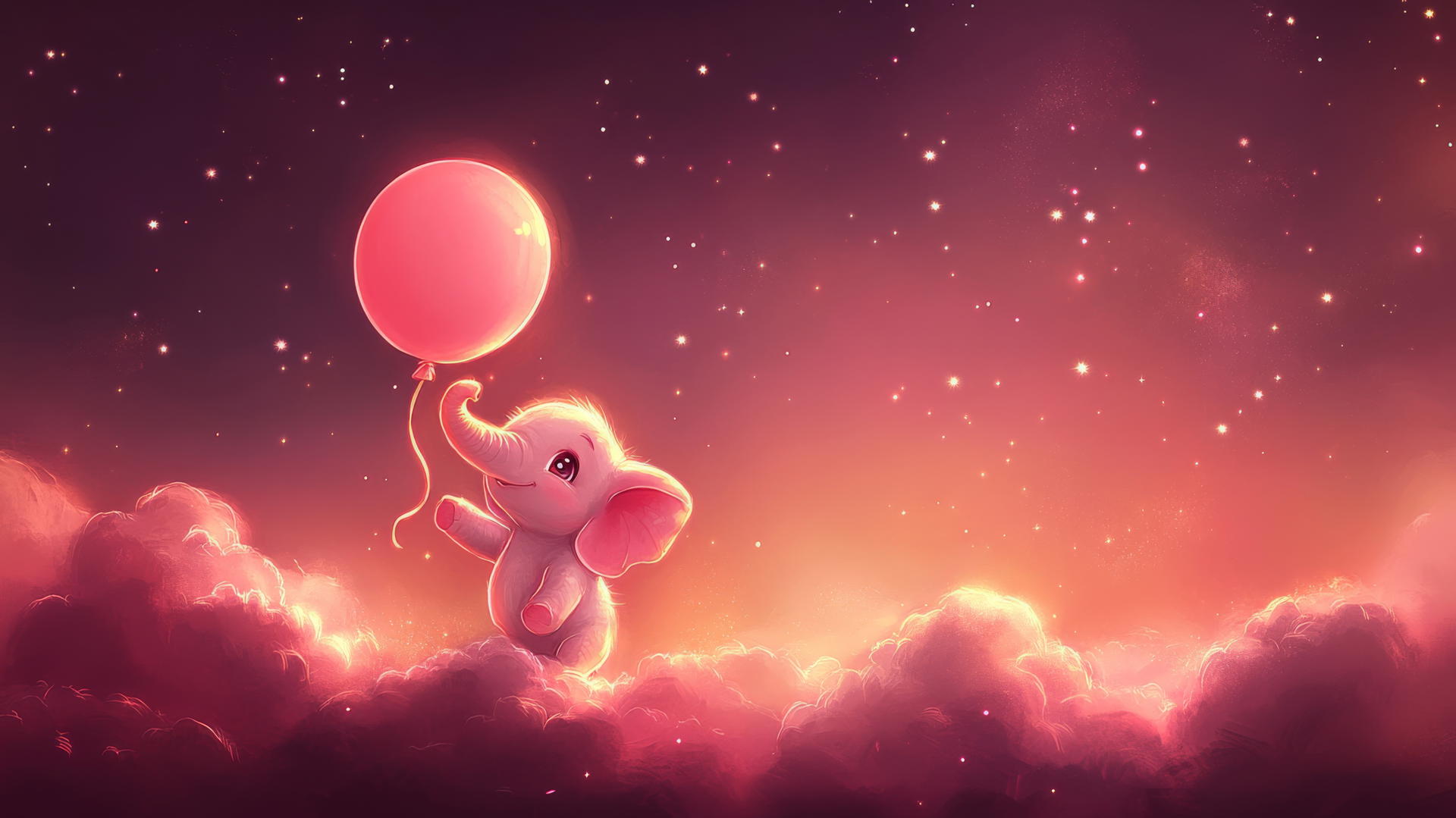 Pink cute wallpaper with baby elephant holding a balloon, soft clouds, and stars.