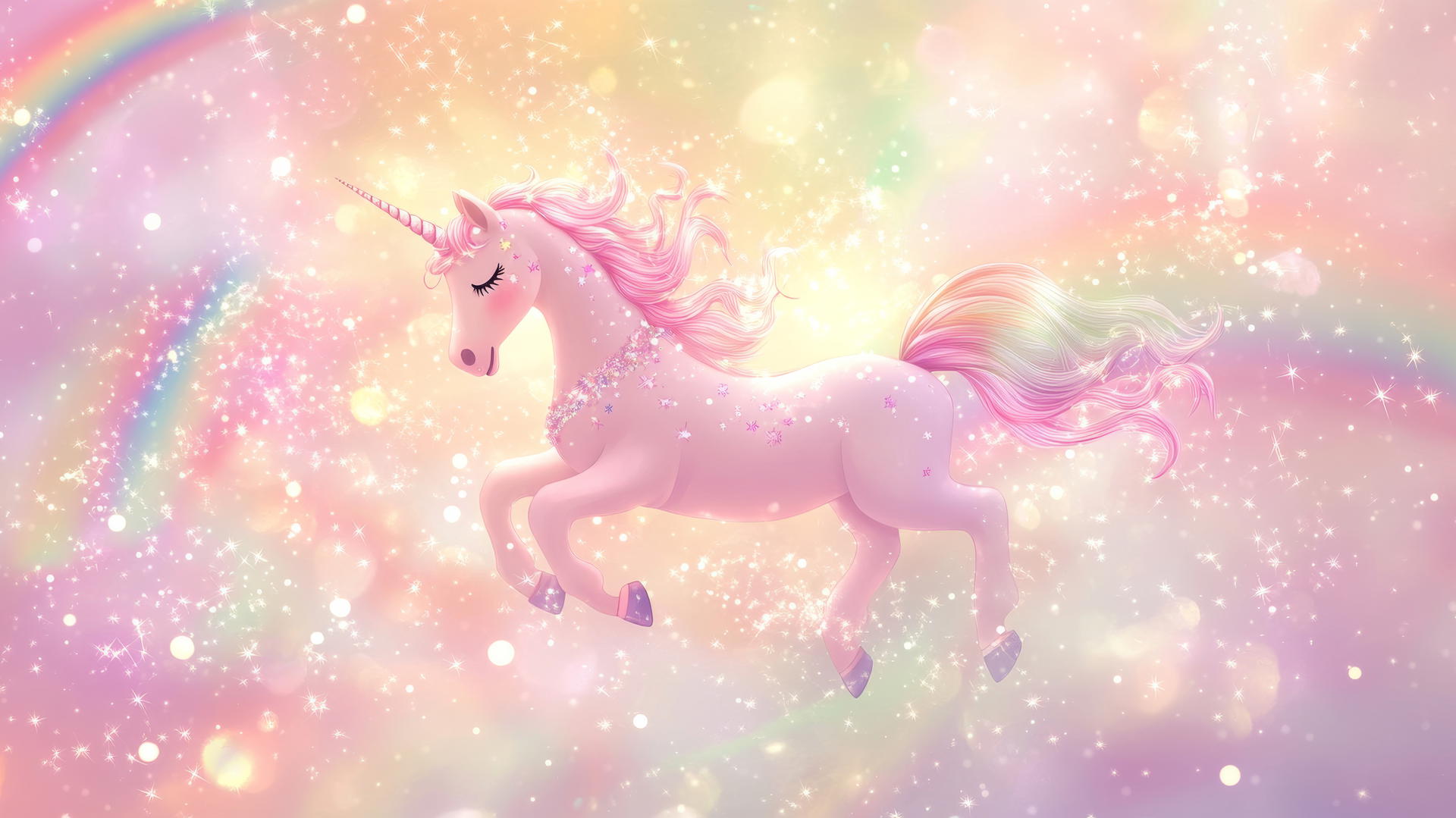 pink cute wallpaper with a cartoon unicorn, sparkles, and rainbows