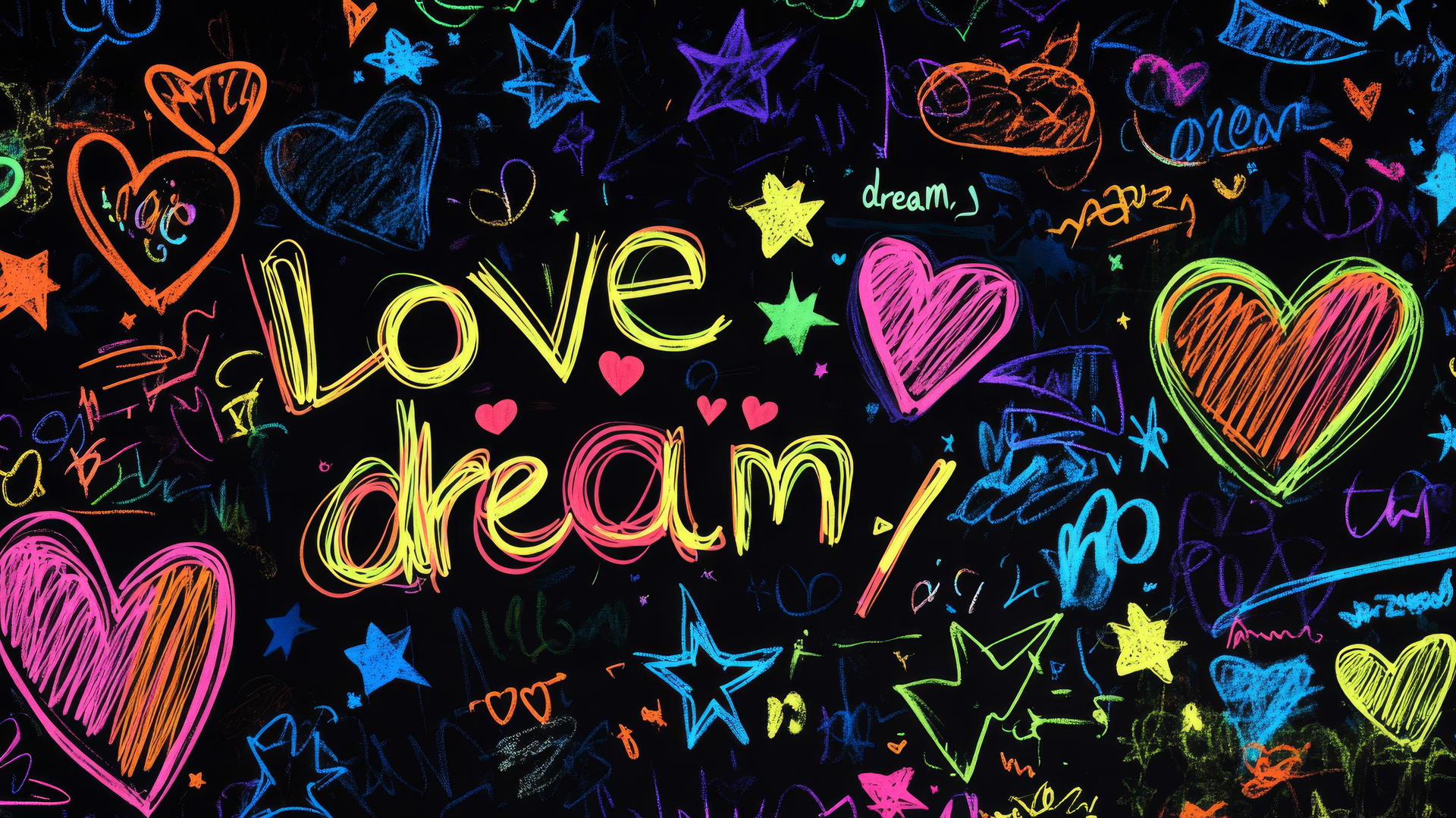black wallpaper for girls with neon-colored graffiti including hearts, stars, and words like love and dream