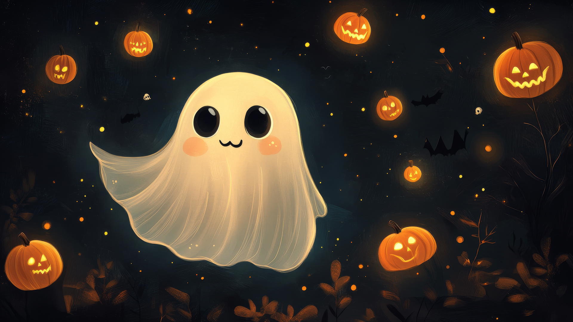 Black cute wallpaper with a playful cartoon ghost, glowing pumpkins, and bats.