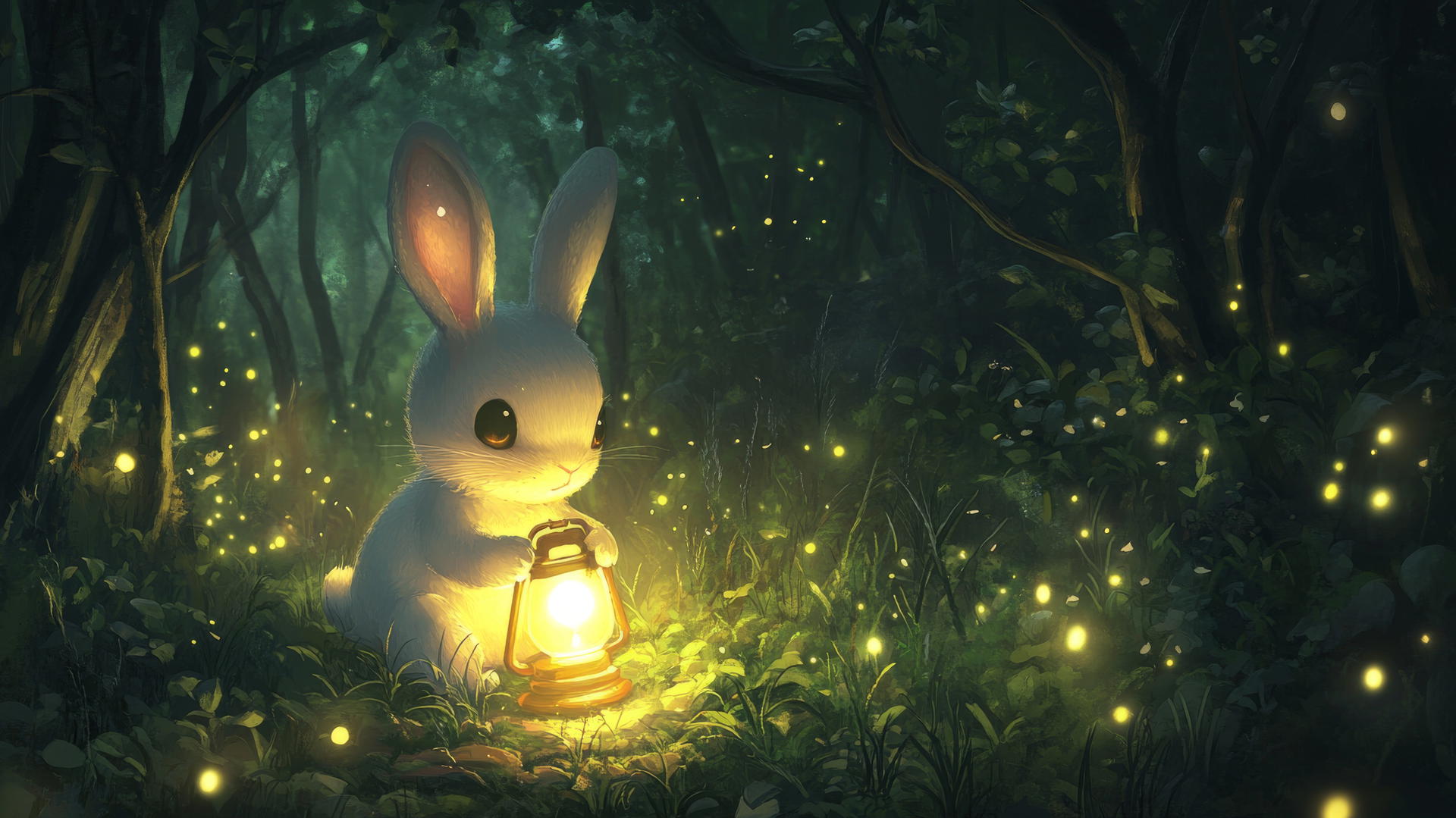 cute black wallpaper with kawaii bunny holding a glowing lantern in dark forest