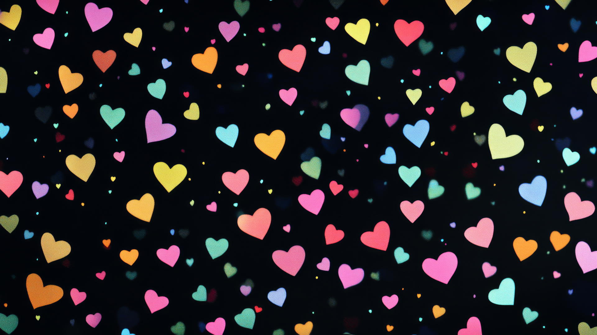 Cute black wallpaper with tiny pastel-colored hearts and a soft glow