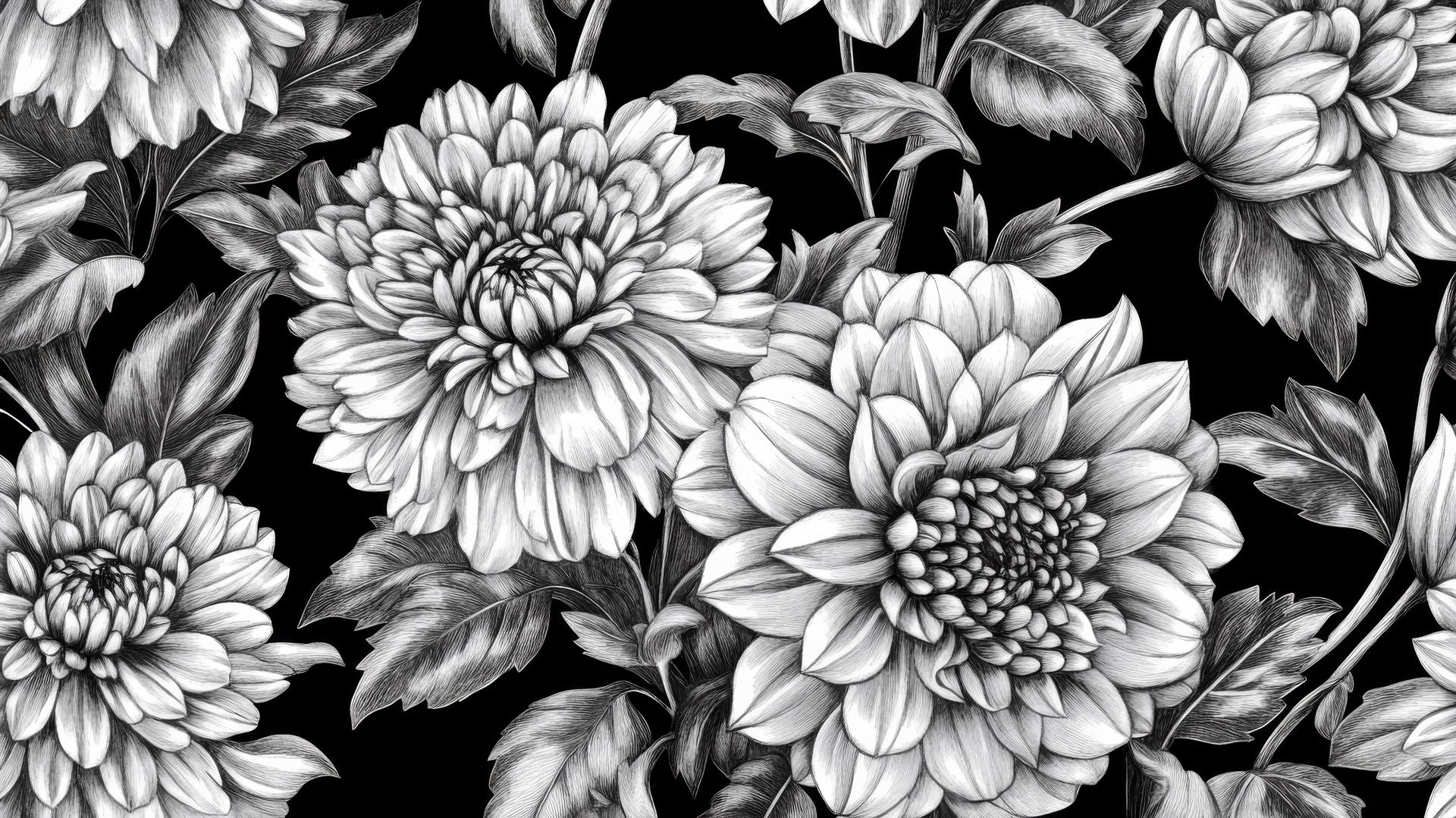 black and white floral wallpaper with vintage dahlias and chrysanthemums
