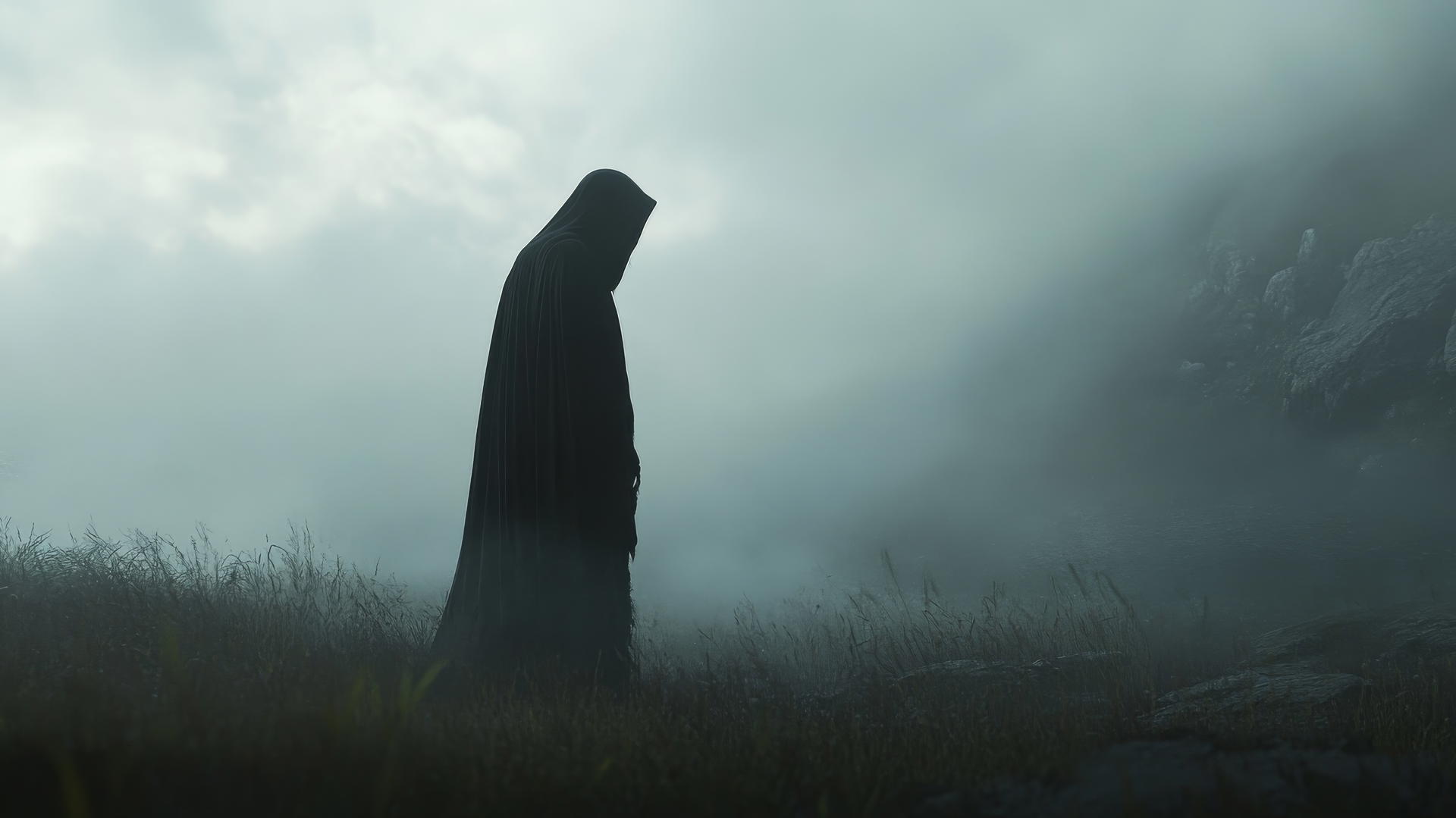 black wallpaper aesthetic with a mysterious figure in a long black cloak in a foggy landscape