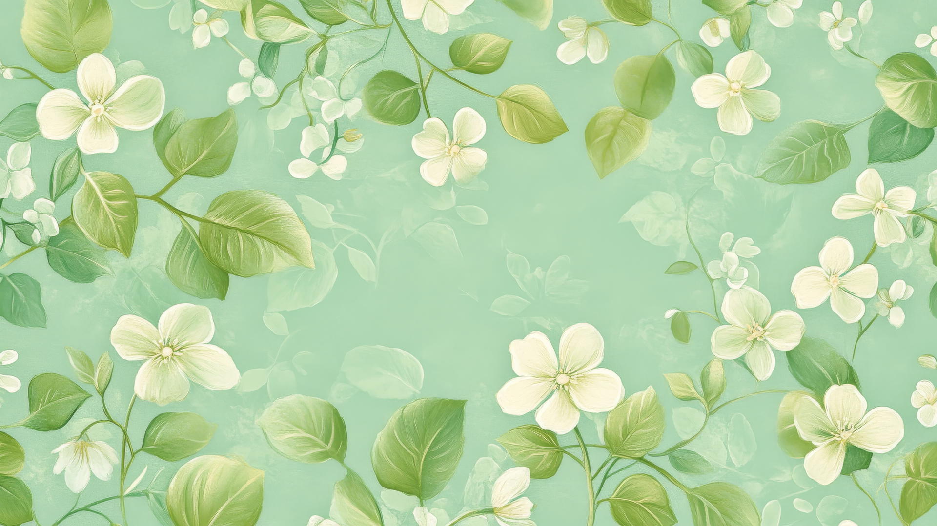 green floral wallpaper with bright green leaves and tiny white flowers on a mint green background