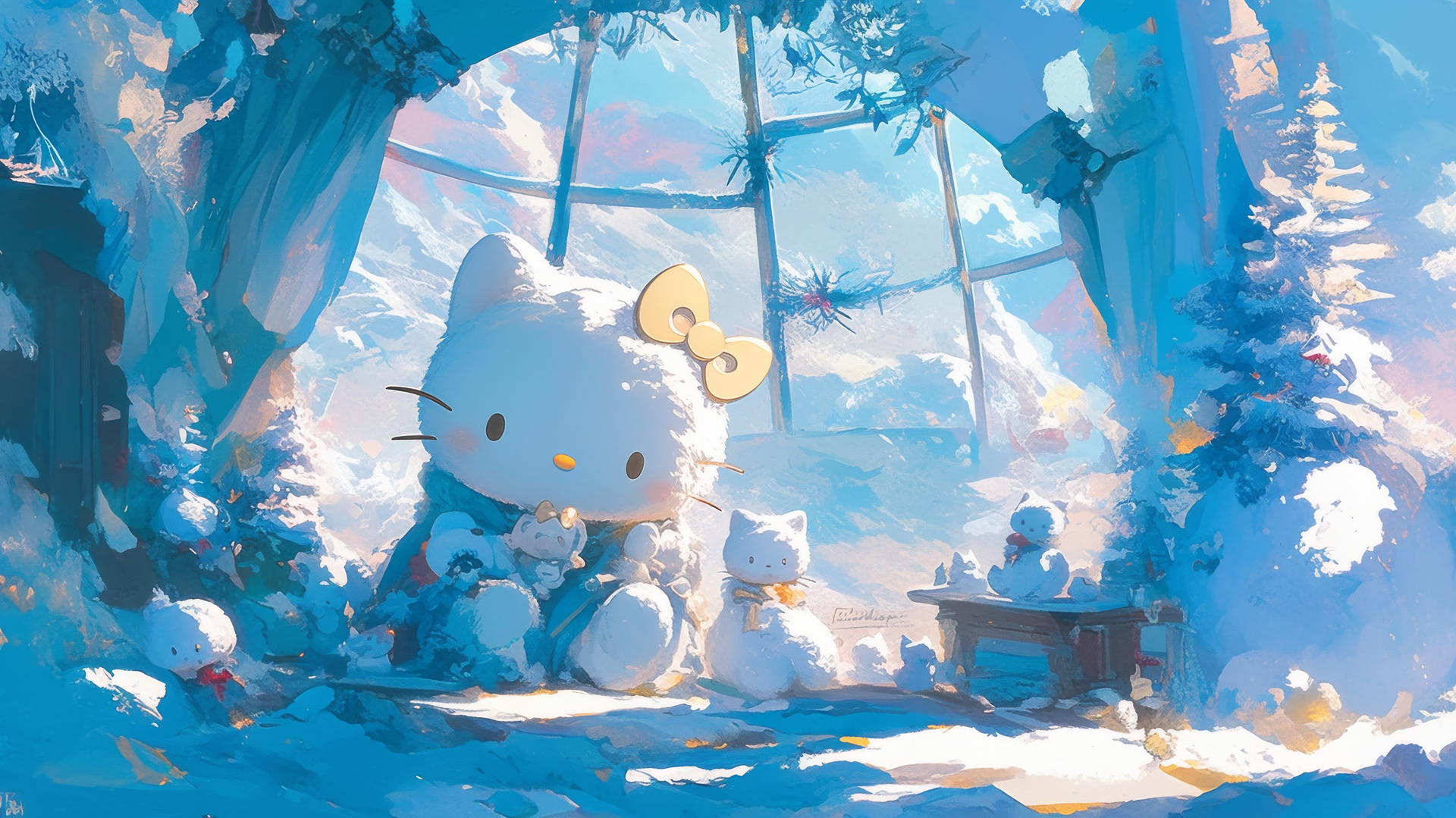 Hello Kitty wallpaper aesthetic with snowflakes and cozy winter scene