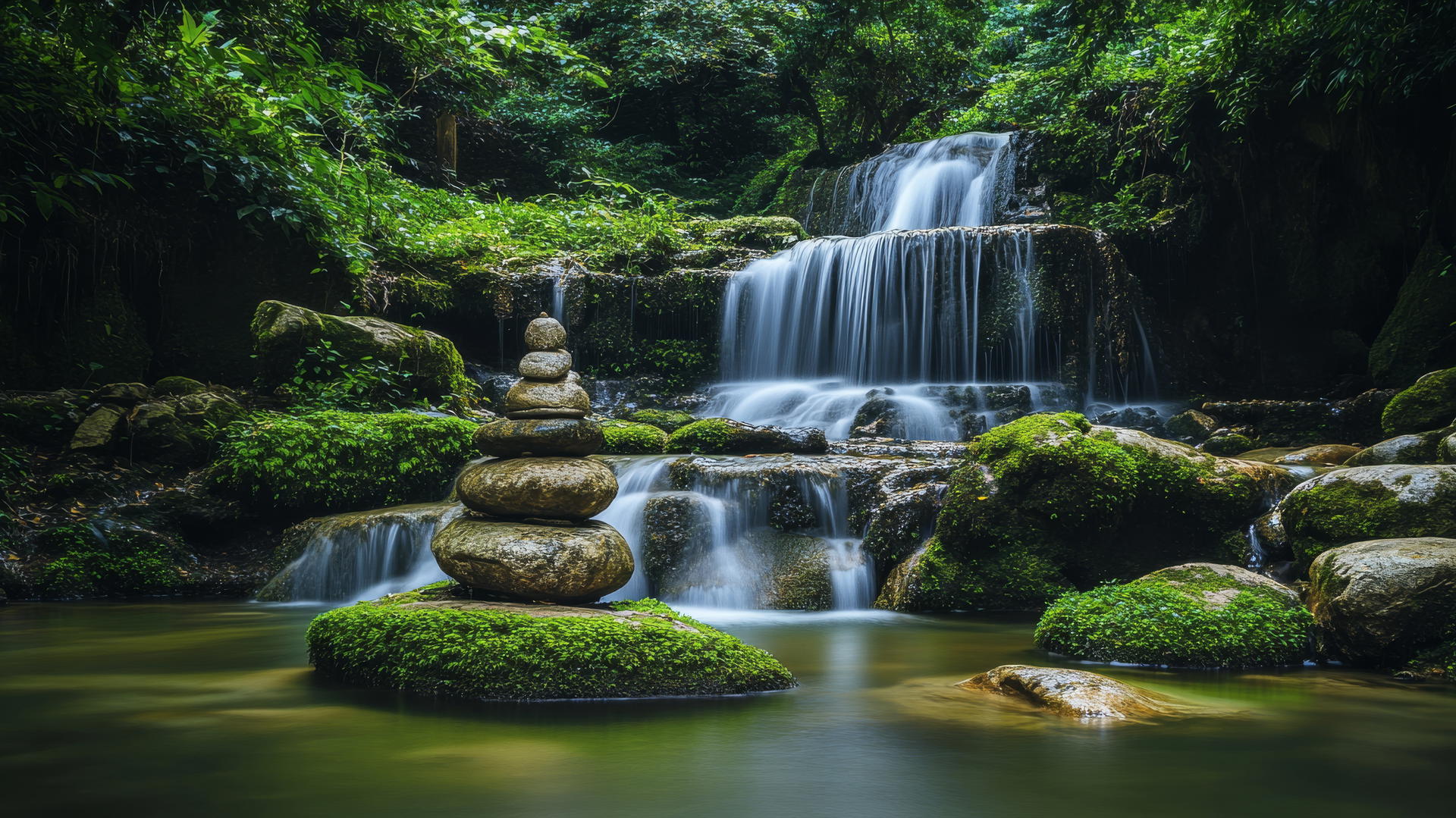 beautiful nature wallpaper 4k depicting a serene waterfall over moss-covered rocks.