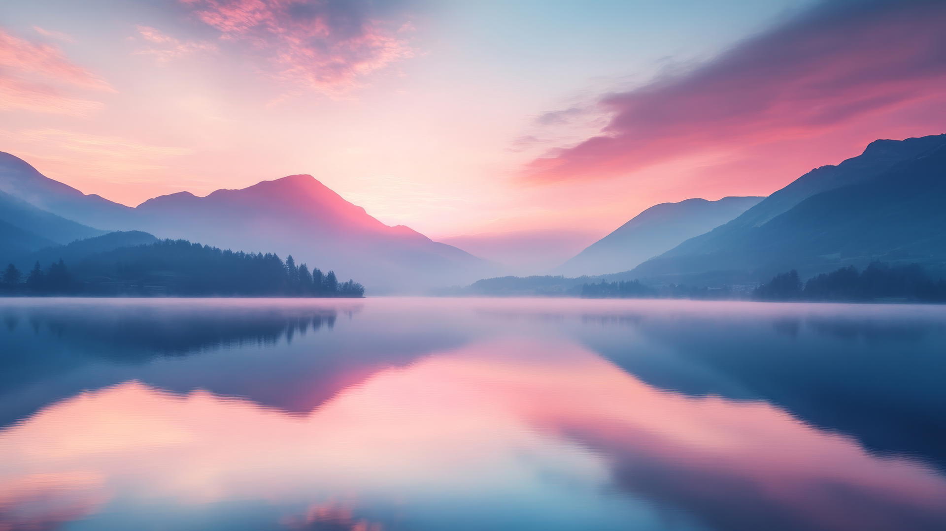 nature wallpaper: serene sunrise over misty mountains with pastel colors reflecting on a lake