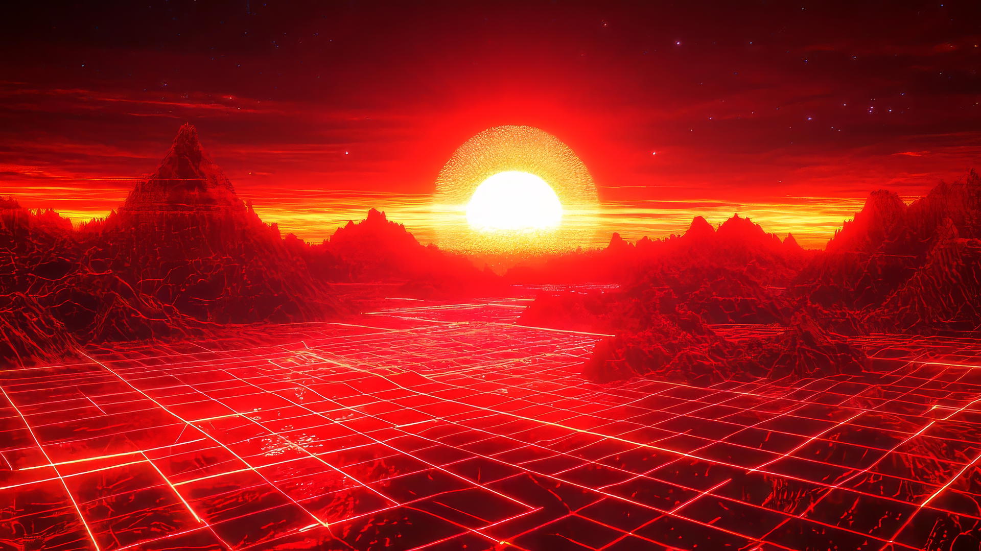 cyber y2k wallpaper red digital landscape with neon holographic mountains and digital sun