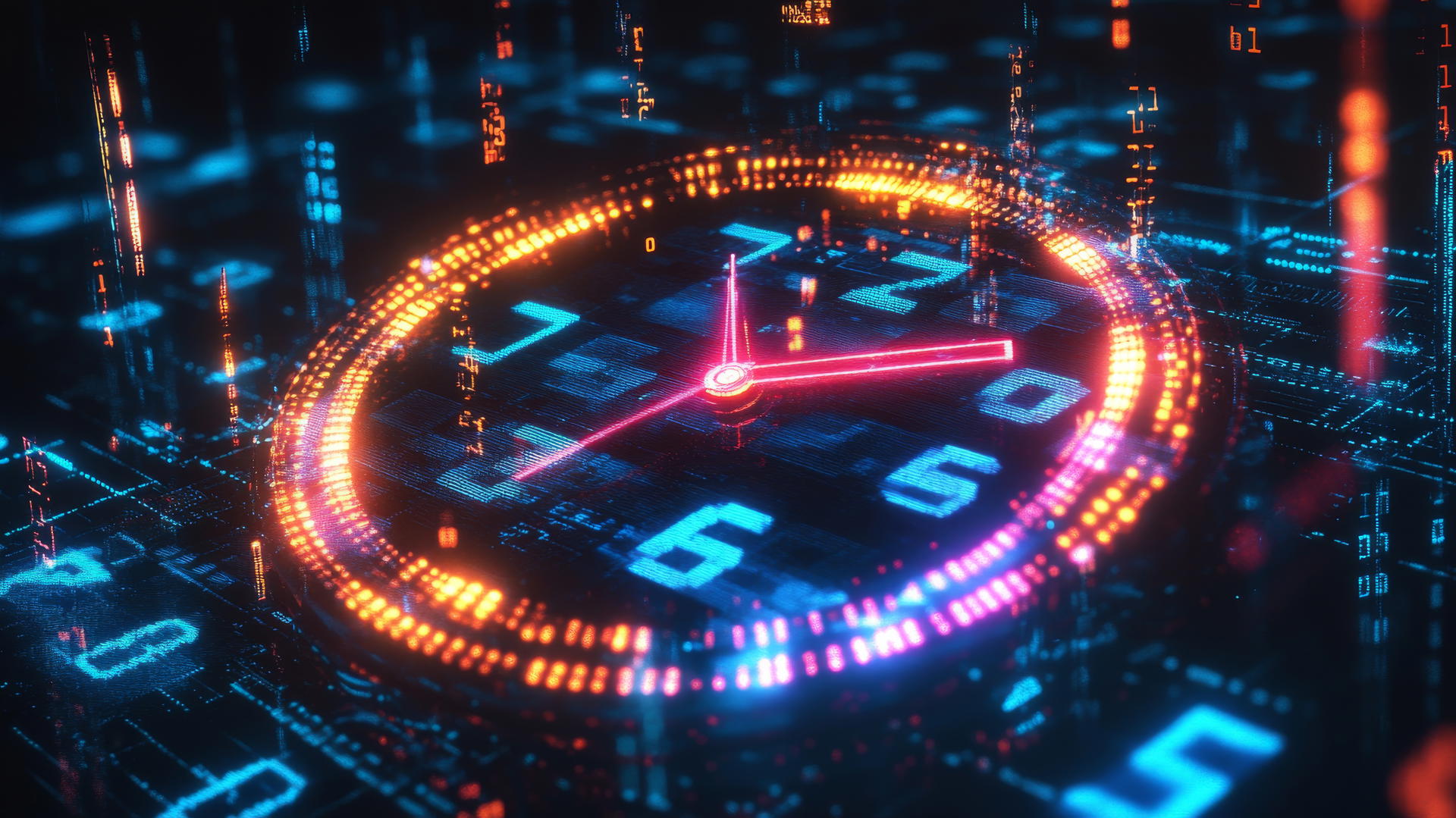 y2k wallpaper black with neon retro digital clock and binary code
