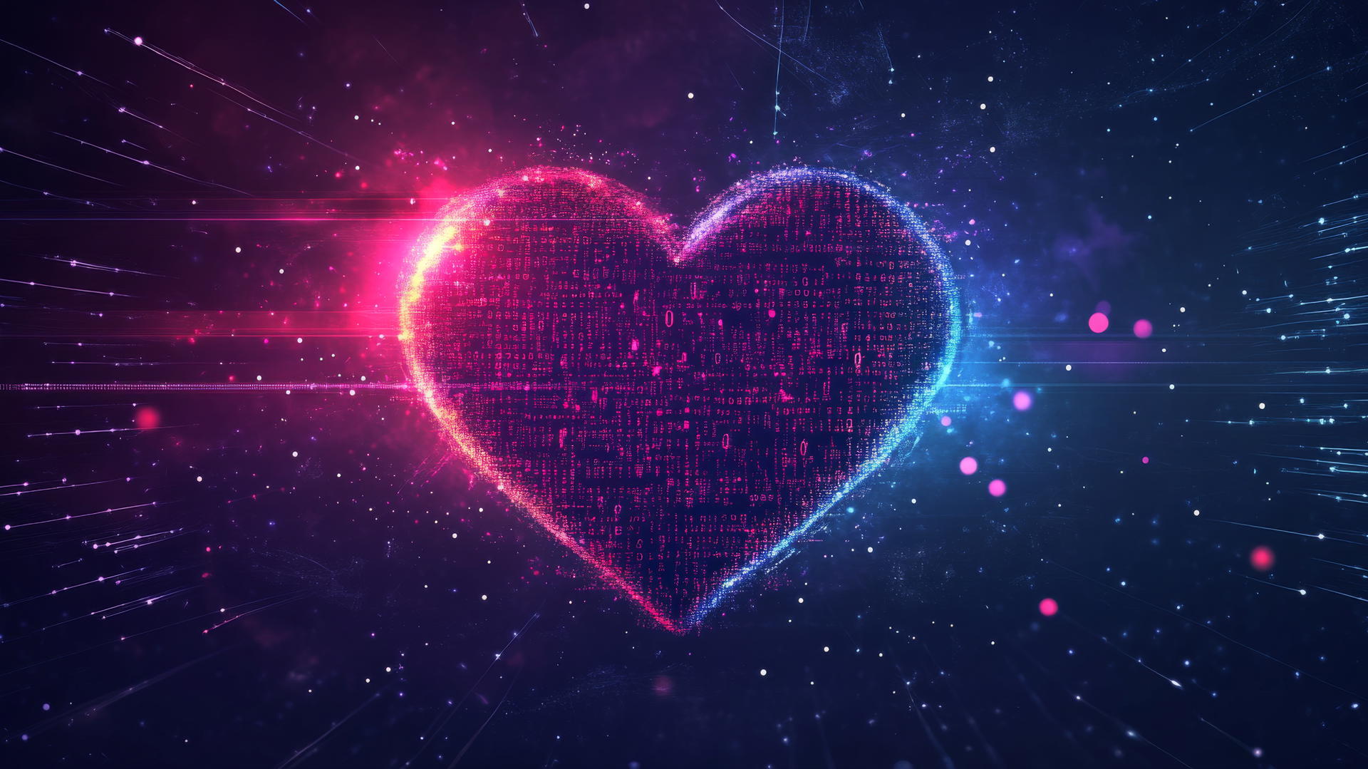 Y2K wallpaper with a glowing digital heart, binary code, neon sparkles on dark gradient.