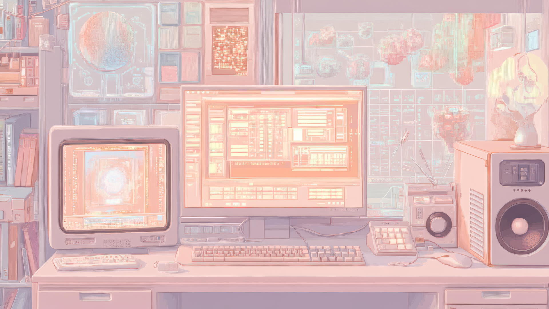 Y2K wallpaper with retro computer interface, digital art, holographic shapes, pastel colors