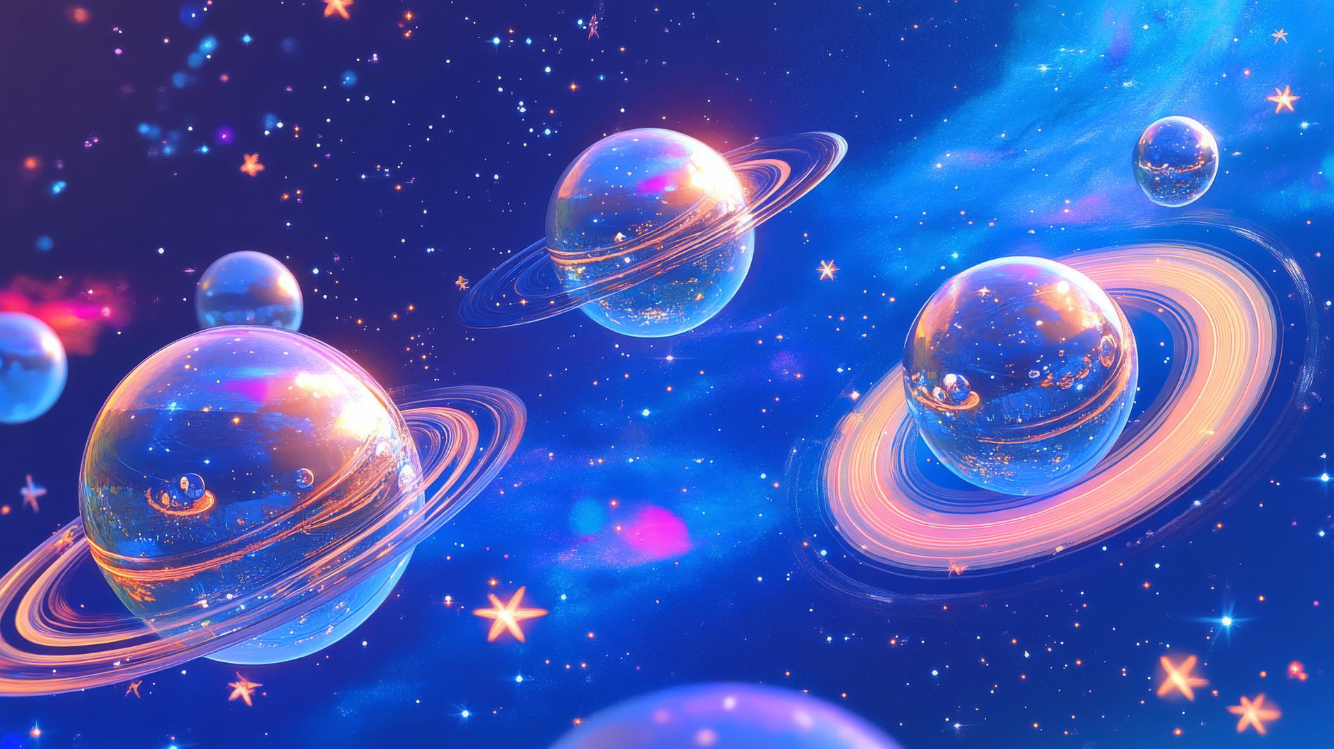 Y2K wallpaper with chrome planets, digital star patterns, holographic rings, deep blue galaxy