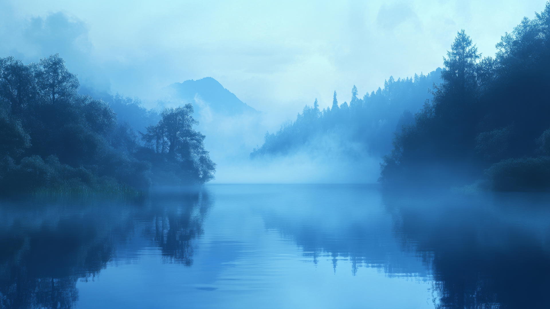 wallpaper blue depicting tranquil lakescape at dawn with mist and trees