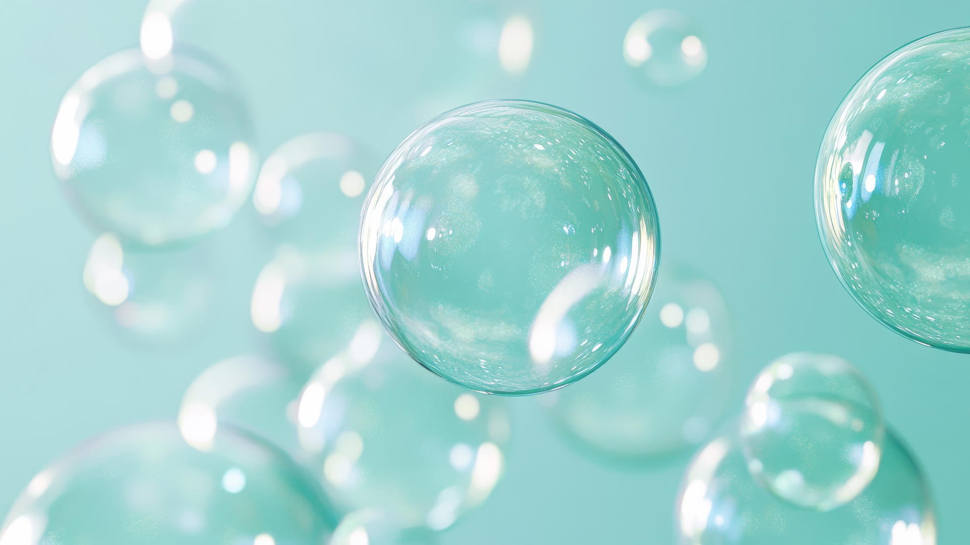 baby blue wallpaper with floating soap bubbles on a light blue background
