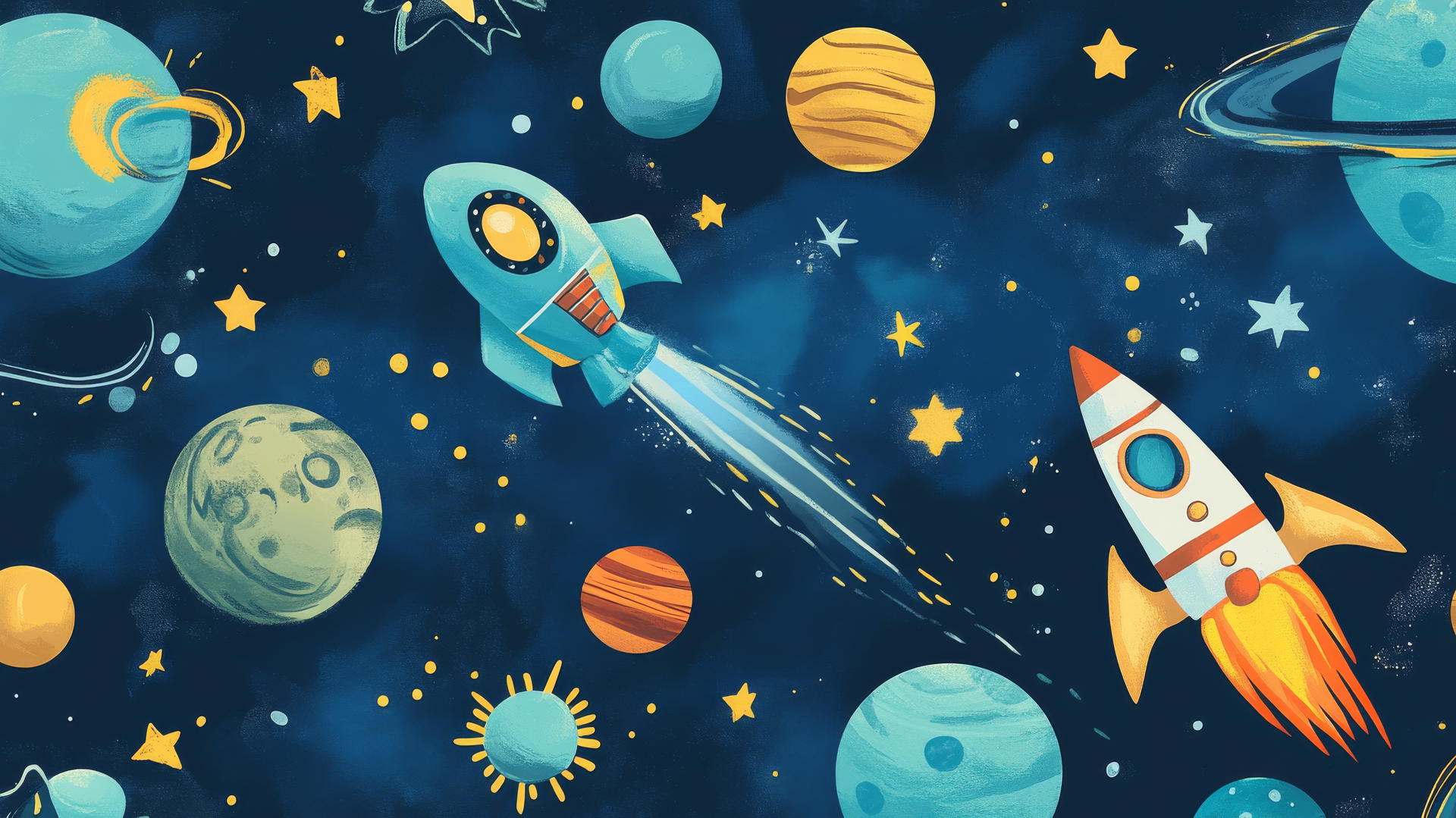 blue wallpaper for kids with space explorer theme, friendly aliens, rockets, planets, and stars