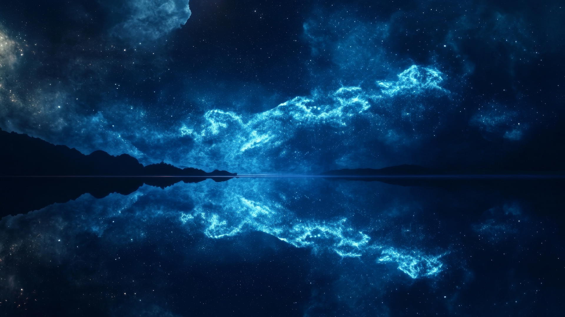 dark blue aesthetic wallpaper with galaxy reflection in water