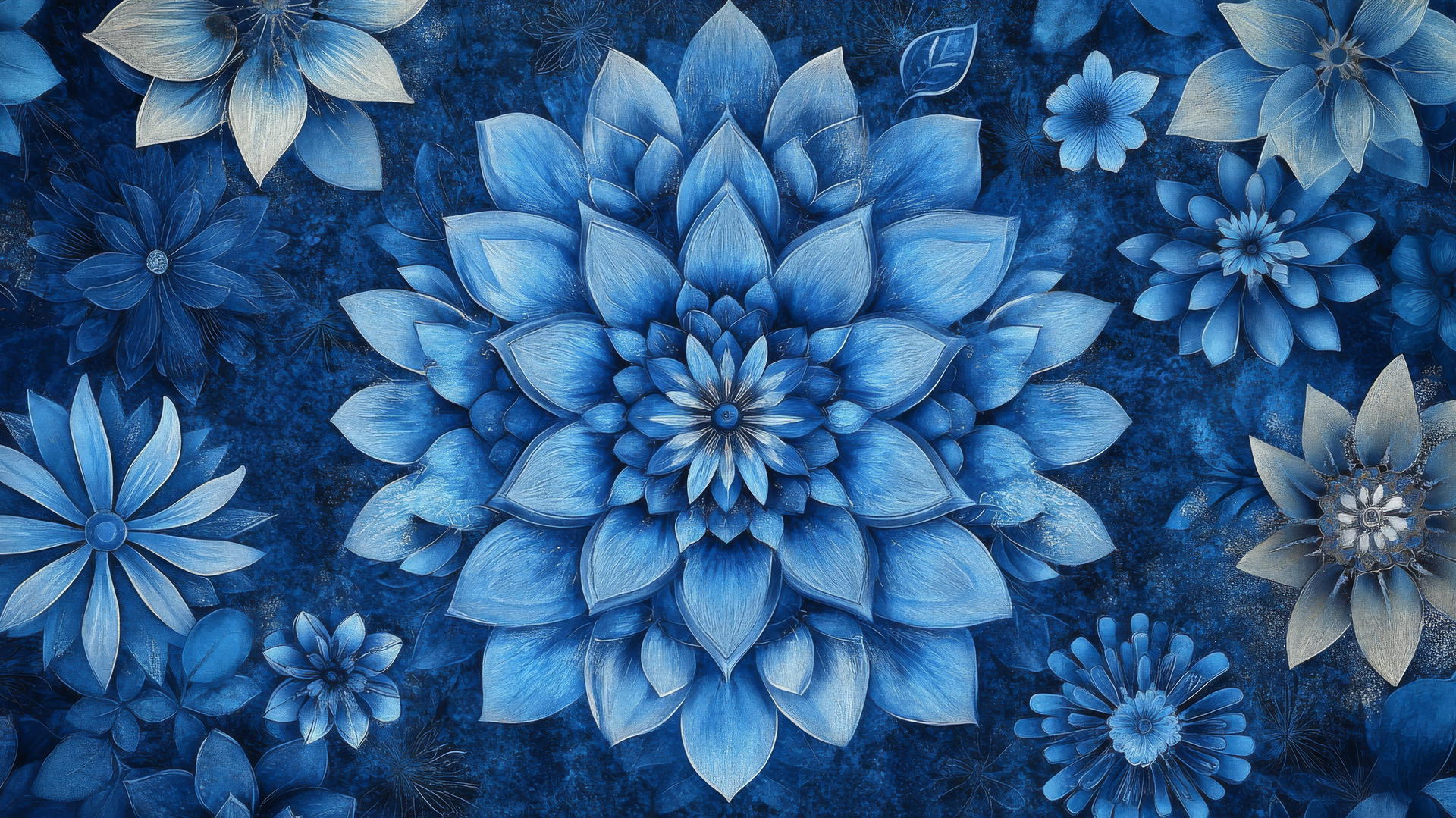 Blue floral wallpaper with concentric mandala
