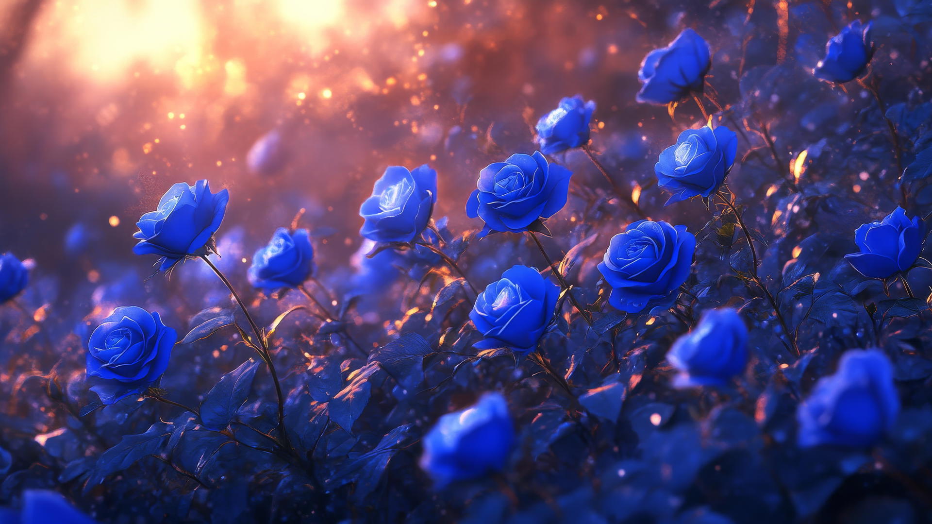 blue flower wallpaper in a mystical rose garden at twilight with blue roses glowing softly