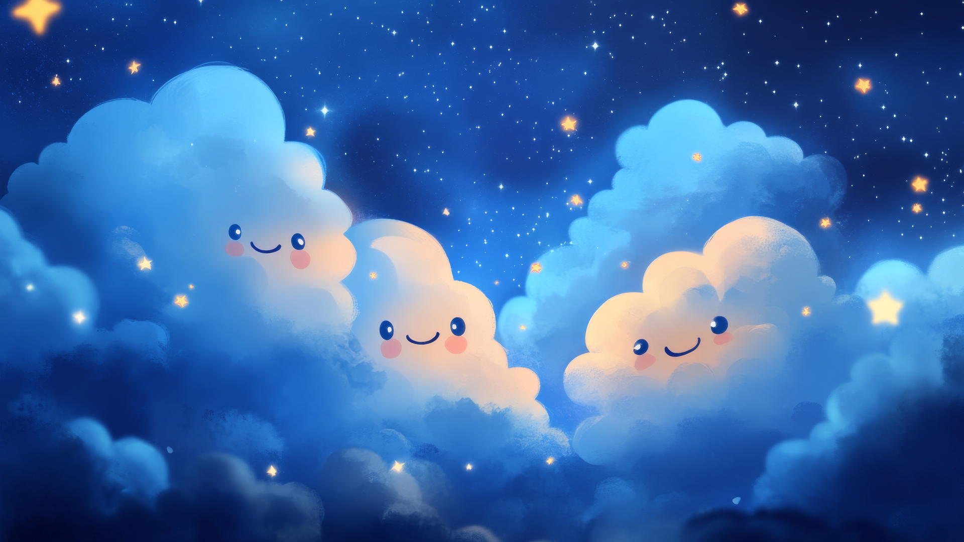 cute blue wallpaper with fluffy clouds, smiling faces, and stars