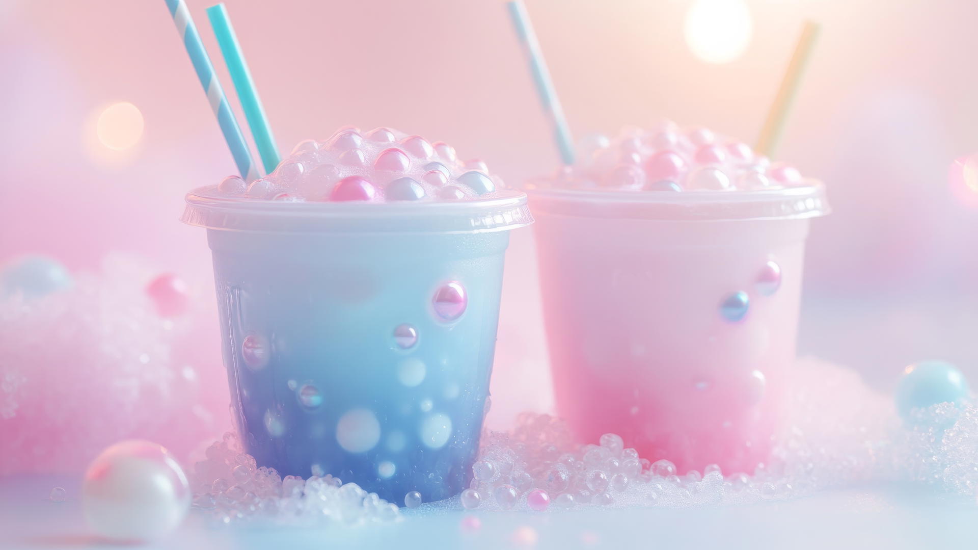 pink and blue wallpaper with bubble tea cups, tapioca pearls, and colorful straws