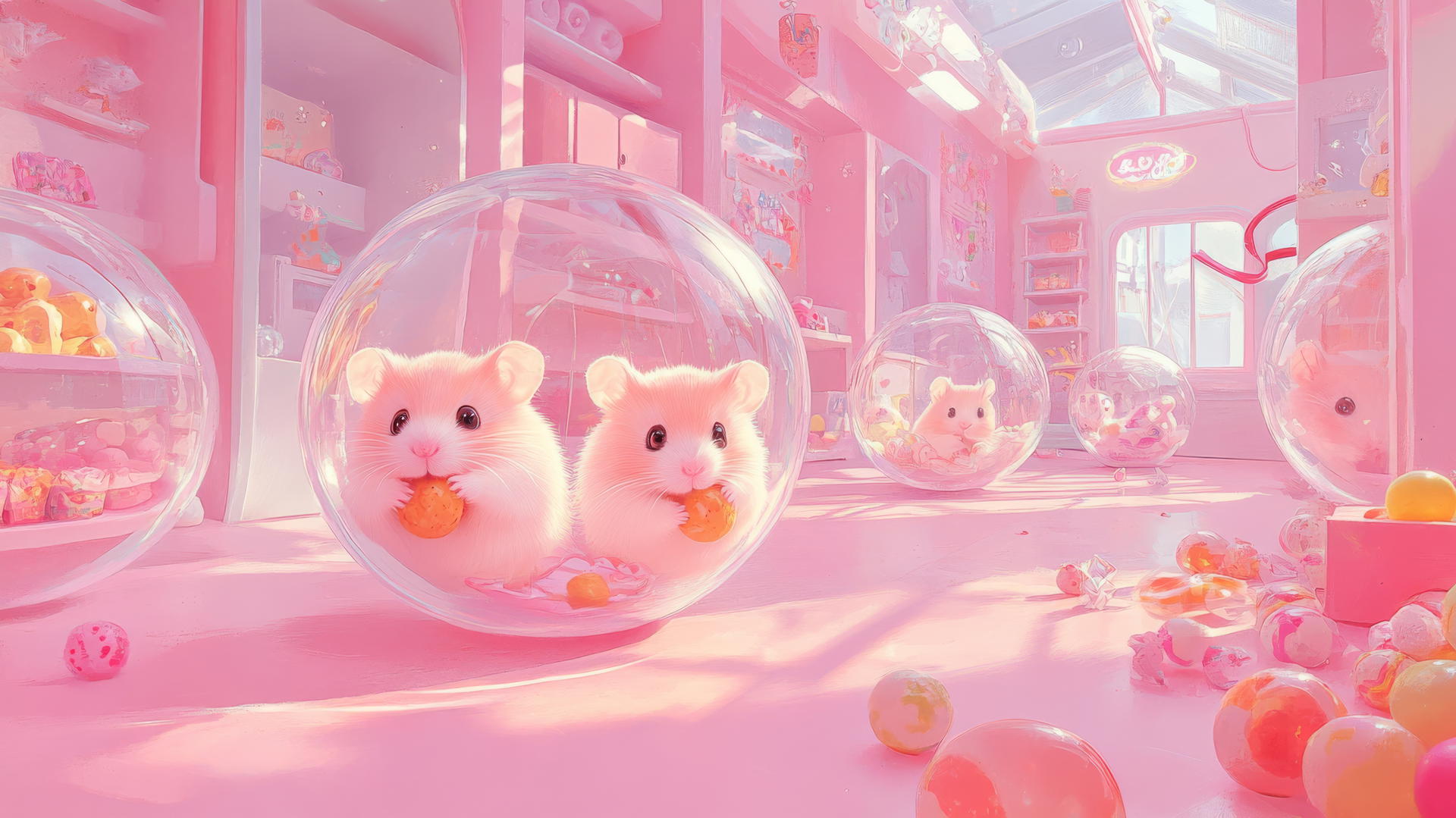 Cute pink wallpaper of adorable hamsters in transparent balls in a pastel pink playroom