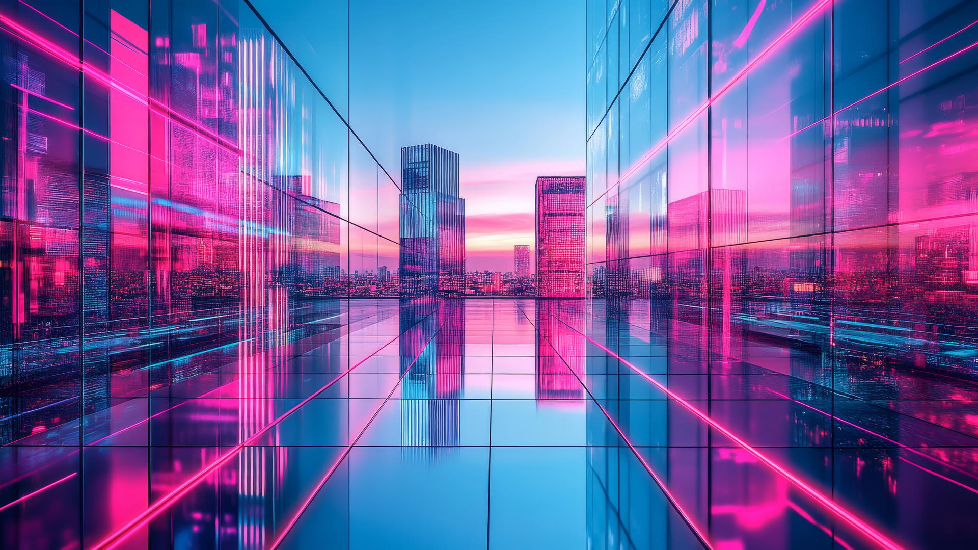 Pink and blue wallpaper of modern cityscape with neon lights