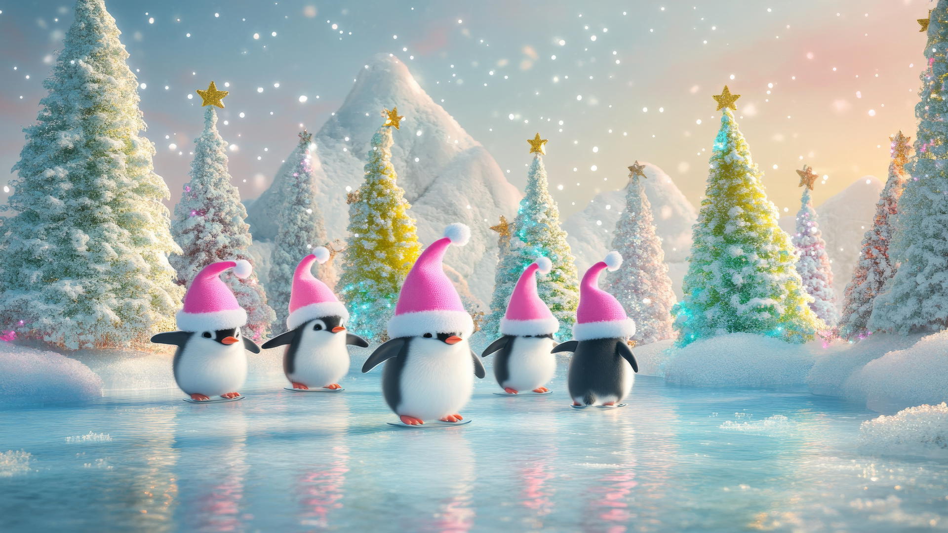 Girly cute Christmas wallpaper with penguins in pink Santa hats ice skating.