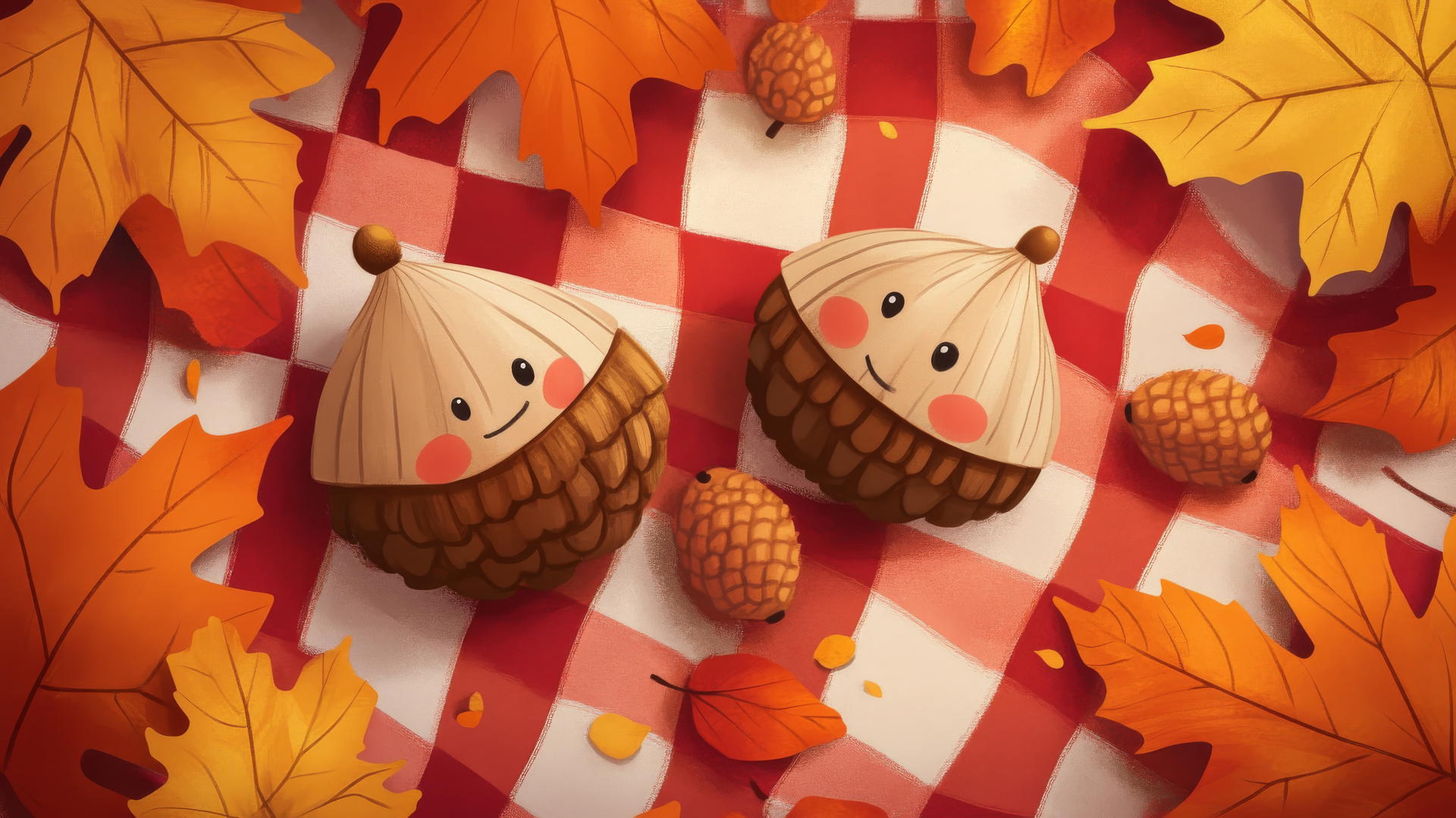 thanksgiving wallpaper cute cartoon acorns family having picnic on red and white checkered blanket with autumn leaves