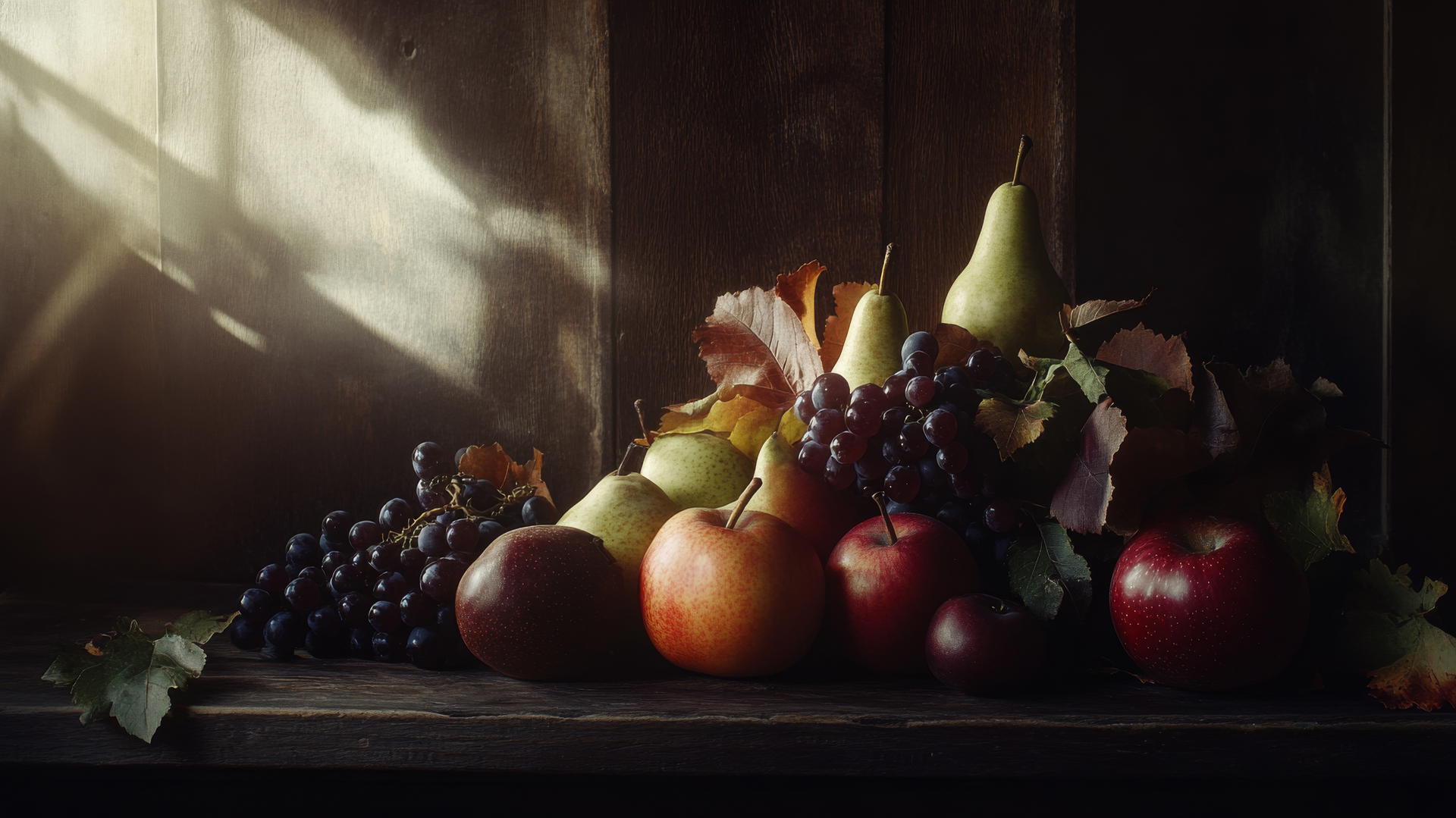 thanksgiving wallpaper aesthetic with monochromatic autumn fruits on wooden surface