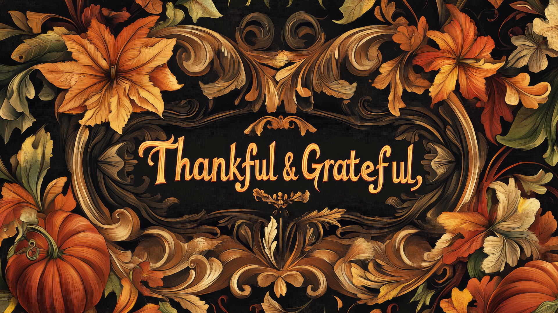 Aesthetic Thanksgiving wallpaper with Art Nouveau style, earthy tones, vines, flowers, pumpkins.