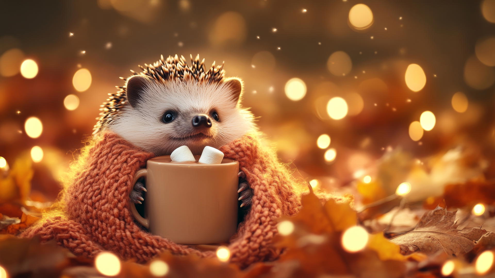 wallpaper cute thanksgiving backgrounds hedgehog in scarf with hot chocolate and autumn lights