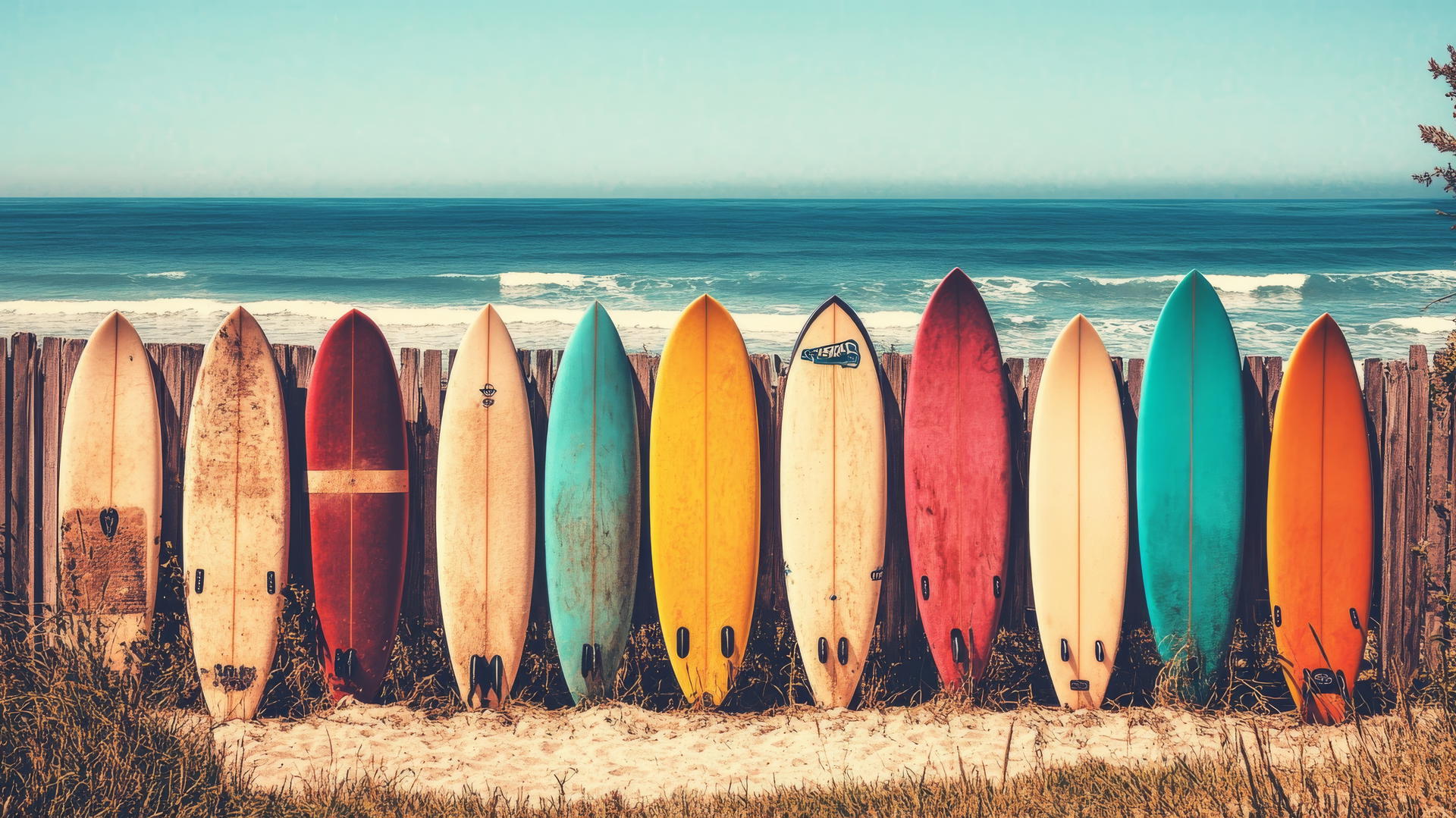 summer aesthetic wallpaper with colorful surfboards on a beach