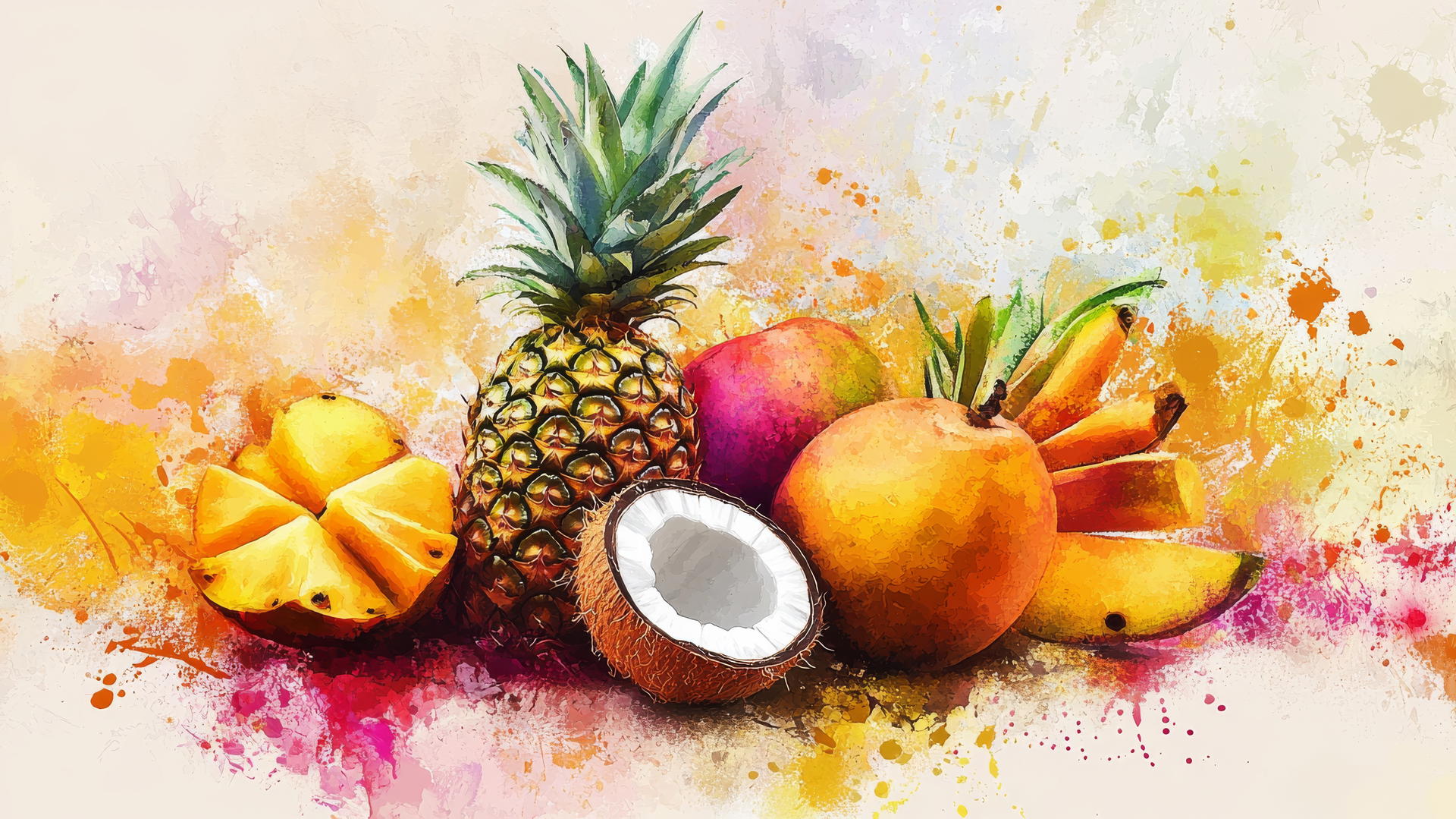 summer aesthetic wallpaper with tropical fruits and vibrant watercolor textures