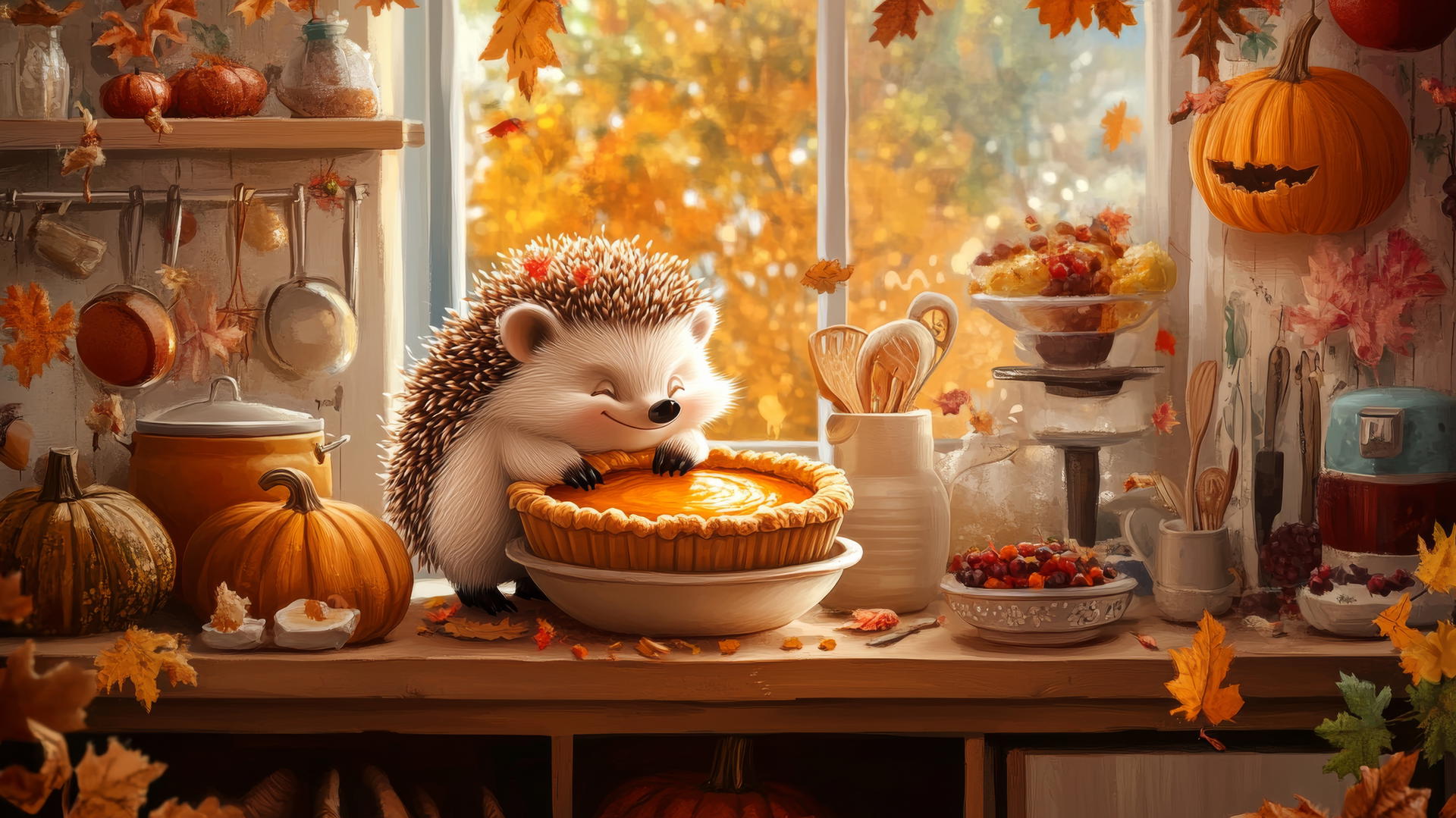 Thanksgiving wallpaper cute with a happy hedgehog baking a pumpkin pie in a decorated kitchen