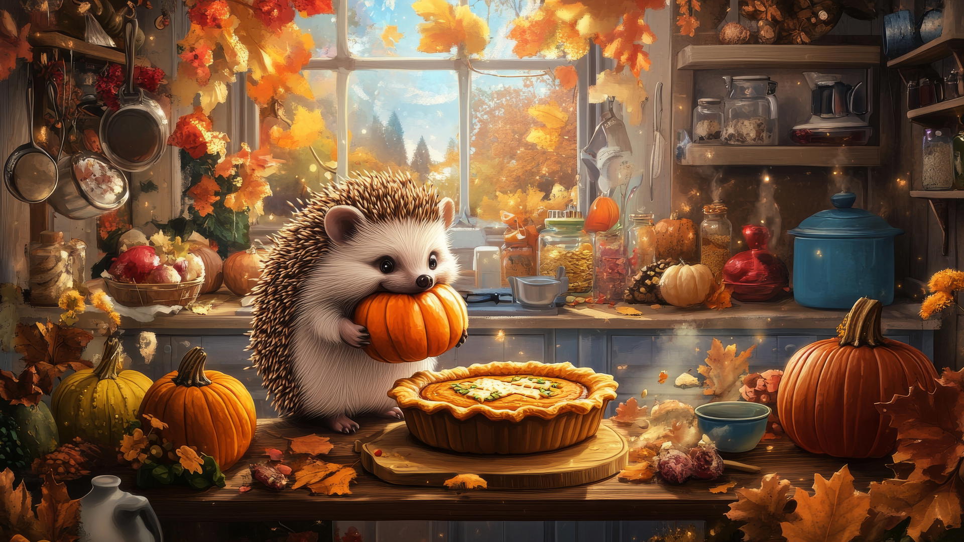 Thanksgiving wallpaper cute hedgehog baking pie in festive kitchen