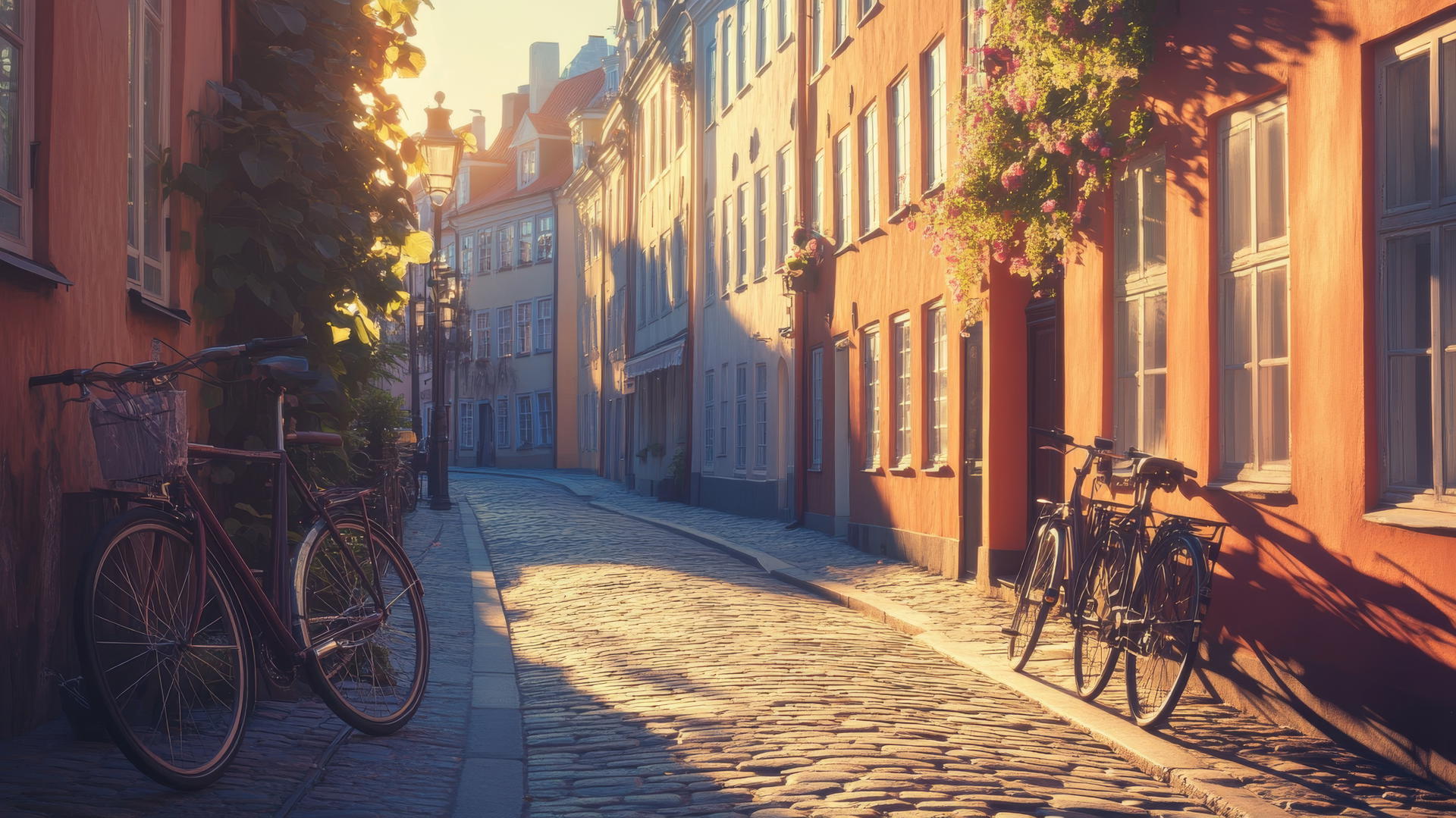 summer aesthetic wallpaper with sun-drenched cityscape, pastel buildings, and bicycles