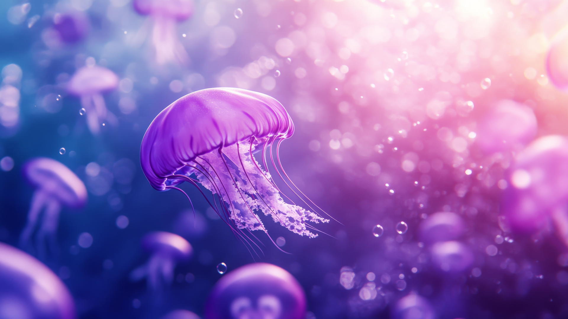 wallpaper purple 4k, glowing purple jellyfish floating underwater